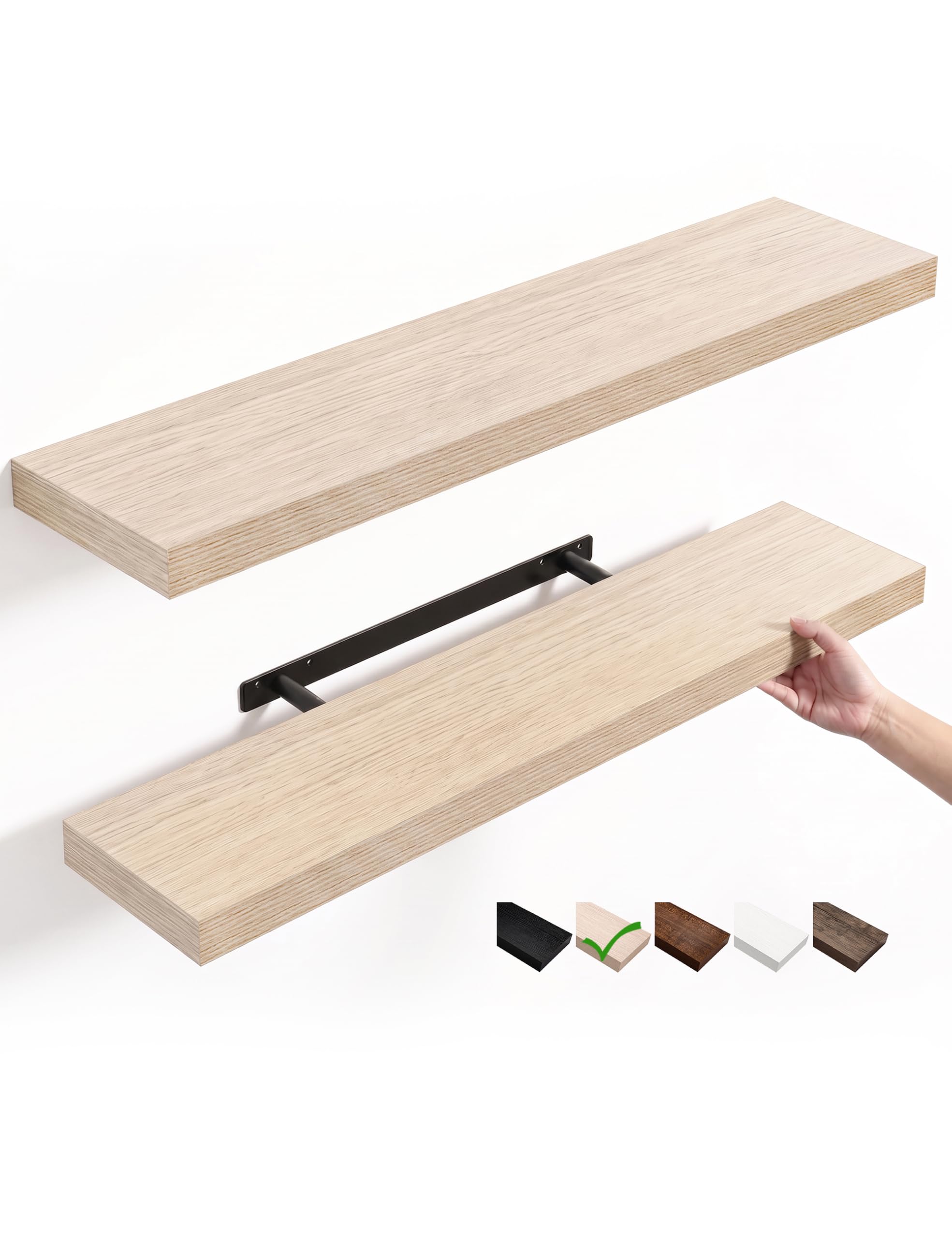 Wandregal Eiche 90 cm, 2er Set Schweberegal mit unsichtbarer Halterung, modernes Wandboard für Bücher, Bilder & Deko, Hängeregal für Wohnzimmer Küche Bad Kinderzimmer