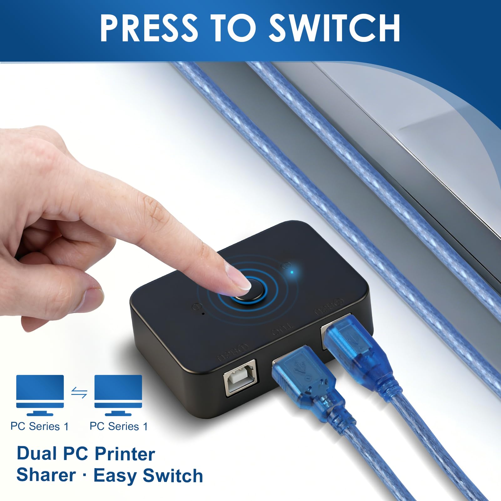 USB Drucker Umschalter 2 PC für effizientes Printer Sharing, USB Switch 2 Port mit elektronischem Schalter, 2×1,5m Druckerkabel inklusive, Plug and Play, ABS Gehäuse, LED Anzeige für Büro