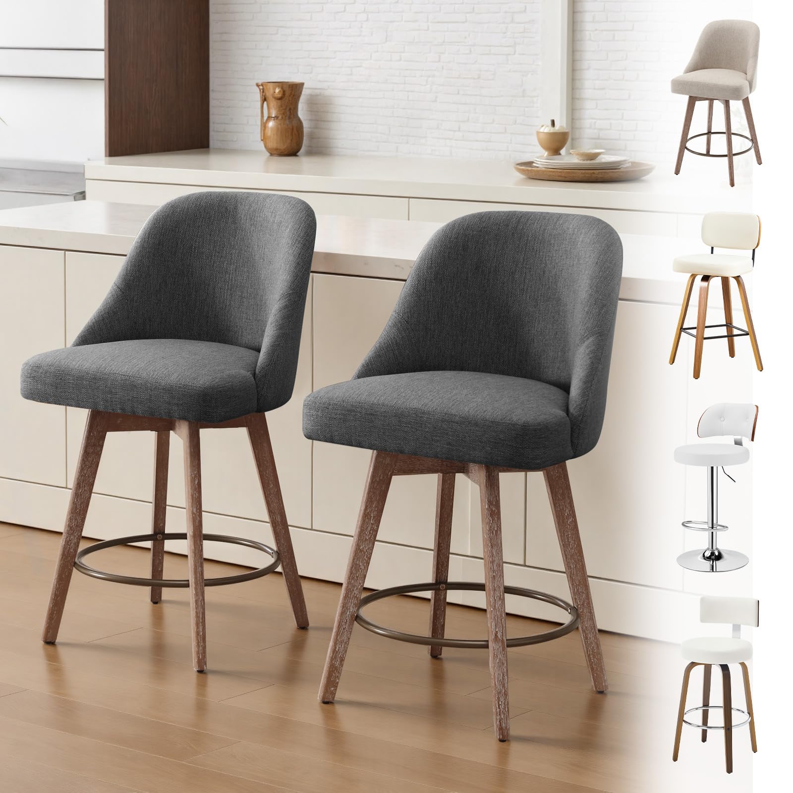 Bekrvio Counter Height Bar Stools Set of 2, Modern Mid-Century Swivel Barstools with Backs and Wood Legs, Linen Fabric Upholstered Chairs 65CM Seat Height Counter Stools (Linen Gray, 2PCS)