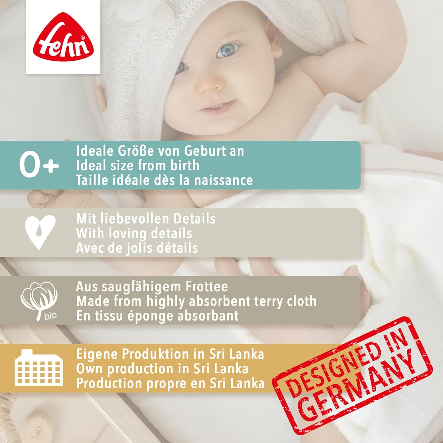 Fehn 056426 - Bath Kit with Hood and Mitt Made of 100% Organic Cotton - For Babies and Toddlers from 0 Months - Size: 70 x 70 cm, 26 cm