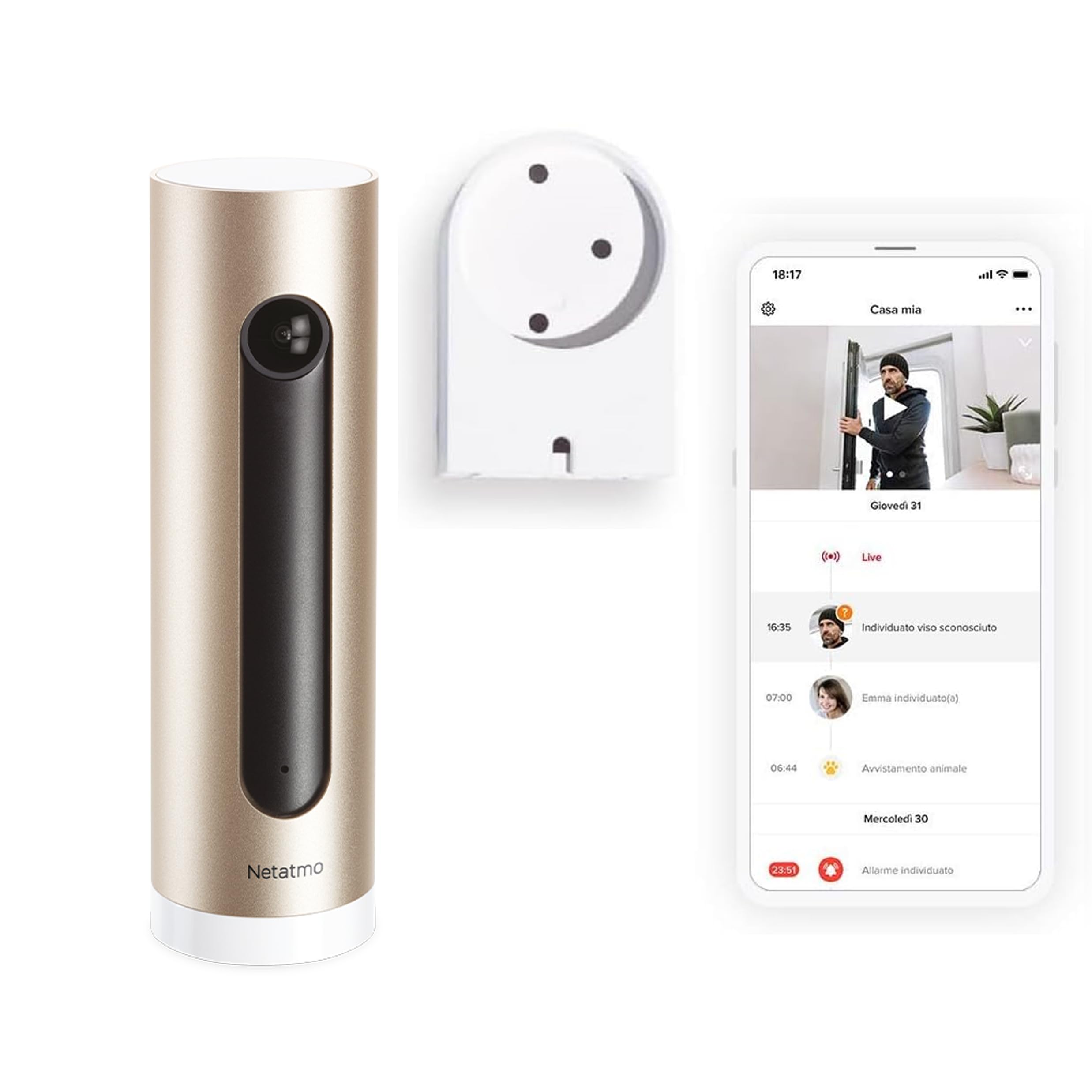 Netatmo Telecamera Wifi Interno con Supporto a Parete, 1080P, Videocamera di Sorveglianza, Sensore di Movimento, Visione Notturna, Senza Abbonamenti, Compatibile con Alexa, Google, Apple, NSC-AMZ