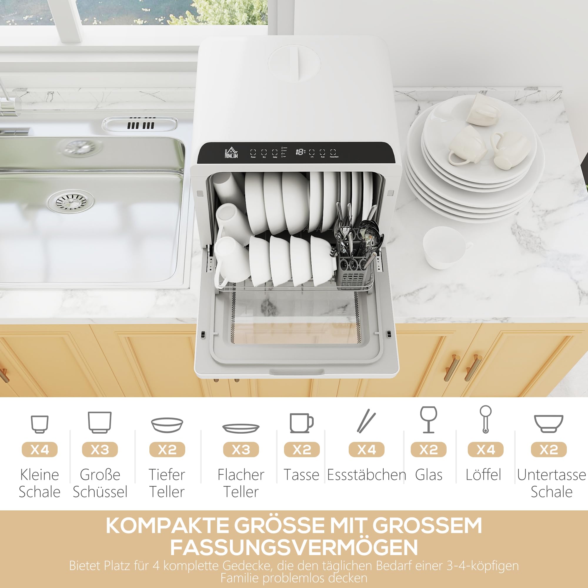 HOMCOM Mini lavastoviglie autoportante, con 4 controsoffitti, 5 programmi, funzione asciutta, serbatoio dell'acqua da 6 l, display a LED, lavastoviglie con/senza attacco per acqua per campeggio