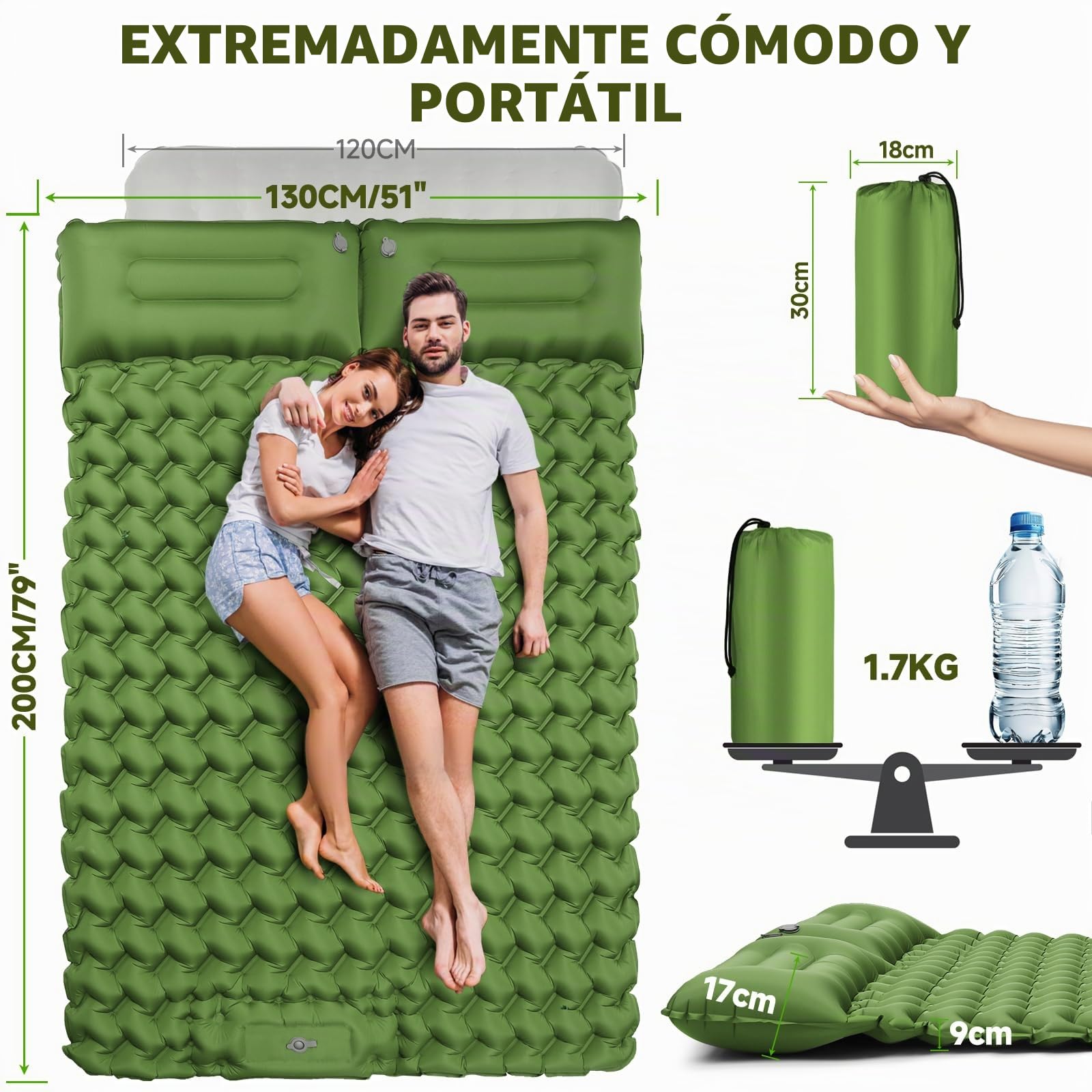 Colchoneta isotérmica para Camping para 2 Personas, 200 x 130 cm, colchón Hinchable de Aire Doble, Ultraligero, Resistente al Agua, para Exteriores, Senderismo, Tienda de campaña, Playa