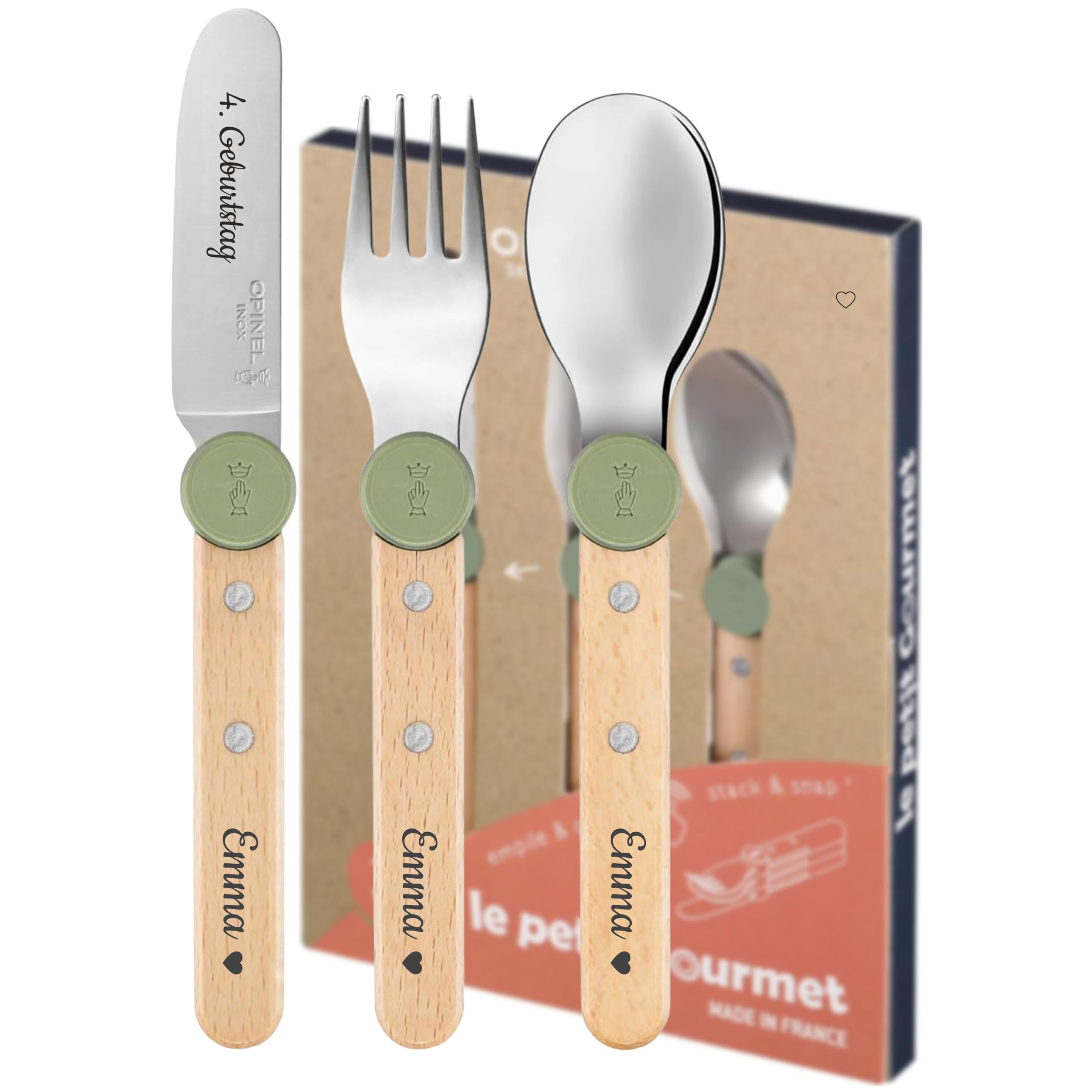 OPINEL Le Petit Gourmet Set de Couverts pour Enfants – Personnalisable avec Gravure – 4 pièces en Acier Inoxydable, idée Cadeau pour Naissance, baptême ou Anniversaire (Vert Olive)