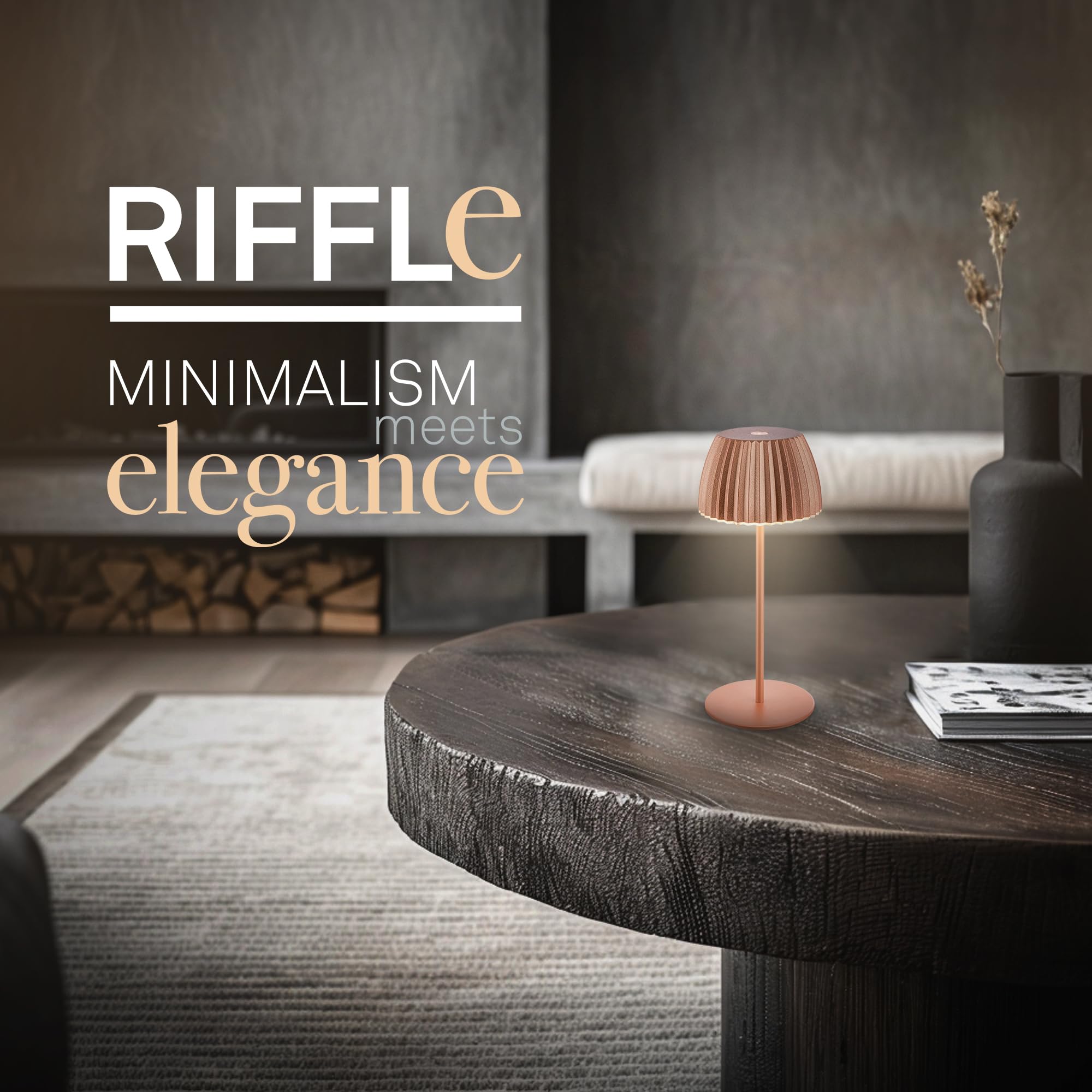 BRILONER Riffle Mini bezprzewodowa lampa stołowa LED IP44 z jasną krawędzią, 8,5 x 20 cm, ściemniacz dotykowy, wymienna bateria, lampka nocna, German Design Award Winner 2025, kolor miedziany