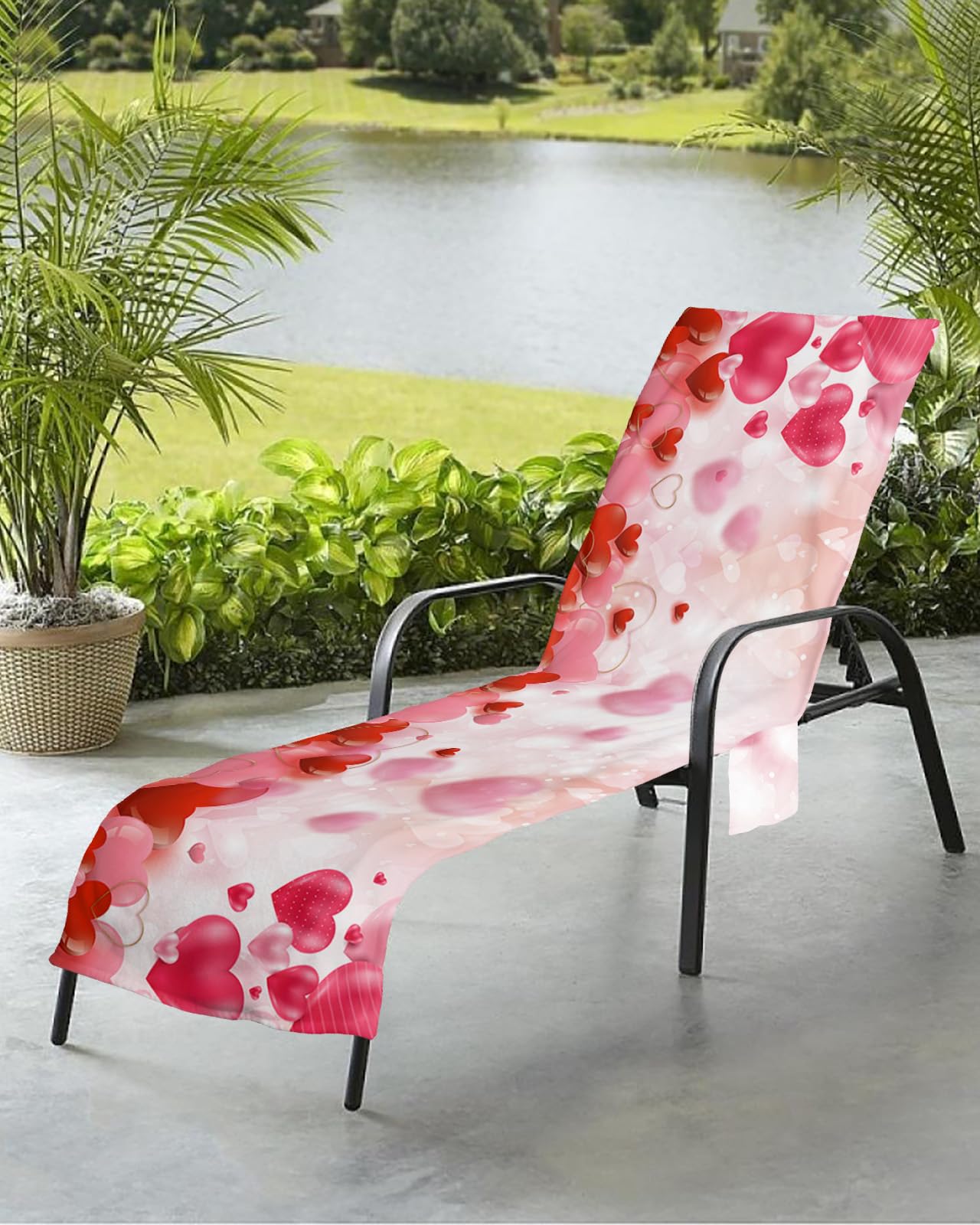Watercolor Heart Beach Chair Towel Covers for Chaise Lounge with Side Pocket, Soft Plush Pool Towels Cover for Patio Sunbathing Outdoor 29''x85'' Valentine's Day Gradient Love Red Pink
