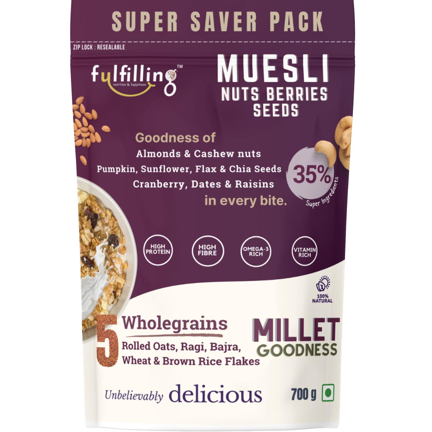 Fulfilling Muesli Fruit & Nuts - Nuts Berries Seeds | Pumpkin, Flax & Chia Seeds, Antioxidant Rich Cranberry, Rolled Oats + Millet Flakes | No Refined Sugar, Healthy Breakfast 700g (B0CWPDZFFK) Amazon Price History, Amazon Price Tracker