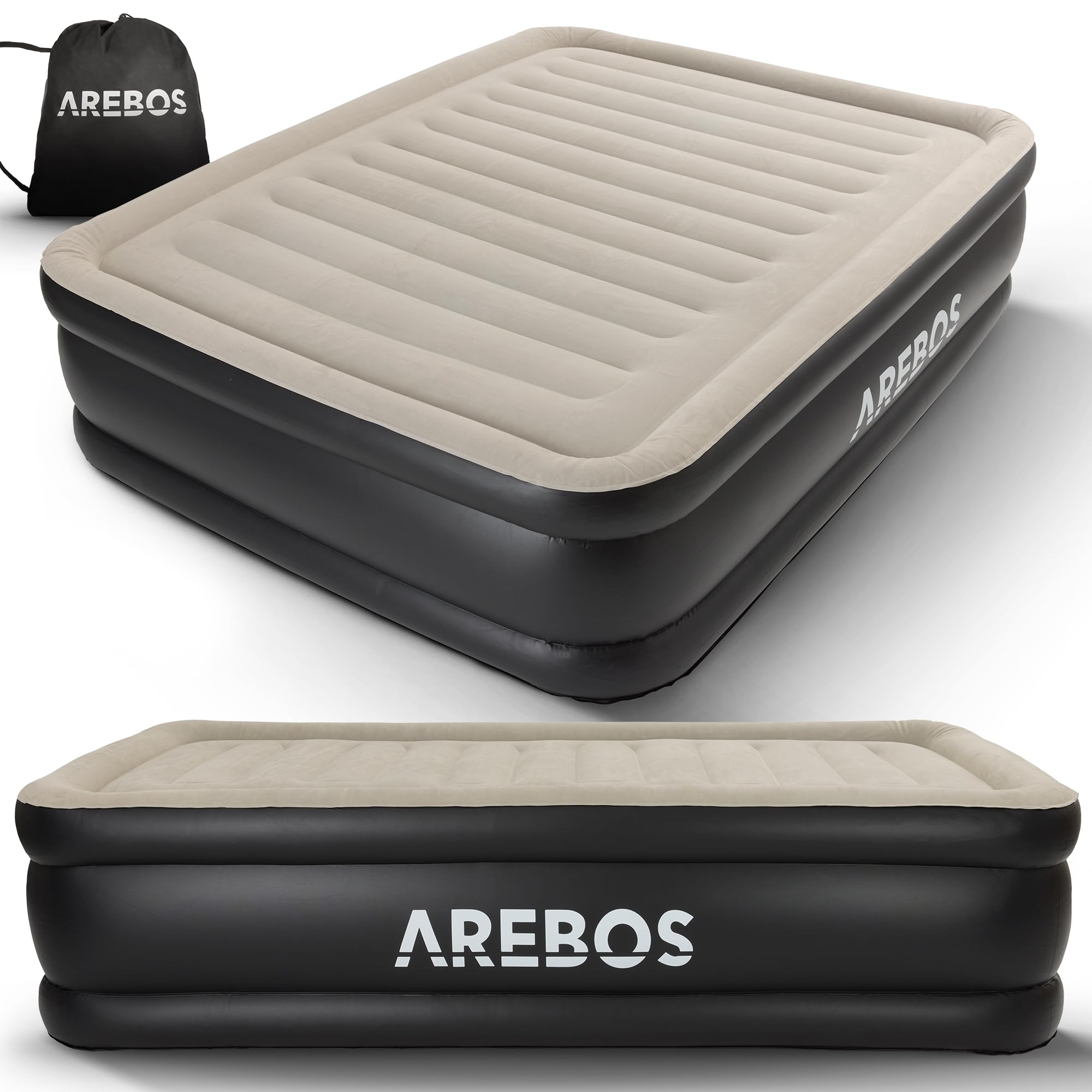 Arebos Aufblasbares Luftbett 203x152x51 cm für 2 Personen, integrierte Elektropumpe, selbstaufblasende Luftmatratze als Gästebett oder Campingbett Grau/Anthrazit