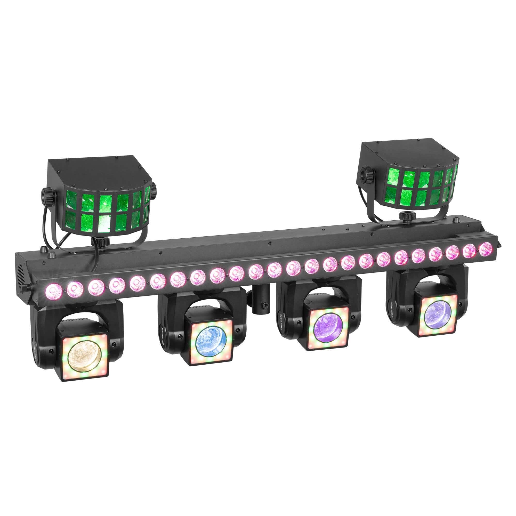 BeamZ ShowBar GO Ultra - LED Partybar, 4x Moving Head, LED Bar Wash Stroboskop, 2x Derbys - DMX Discolicht Partylicht Anlage, Disco Light DJ Equipment - Musikgesteuert, Fernbedienung & Halo-Ring