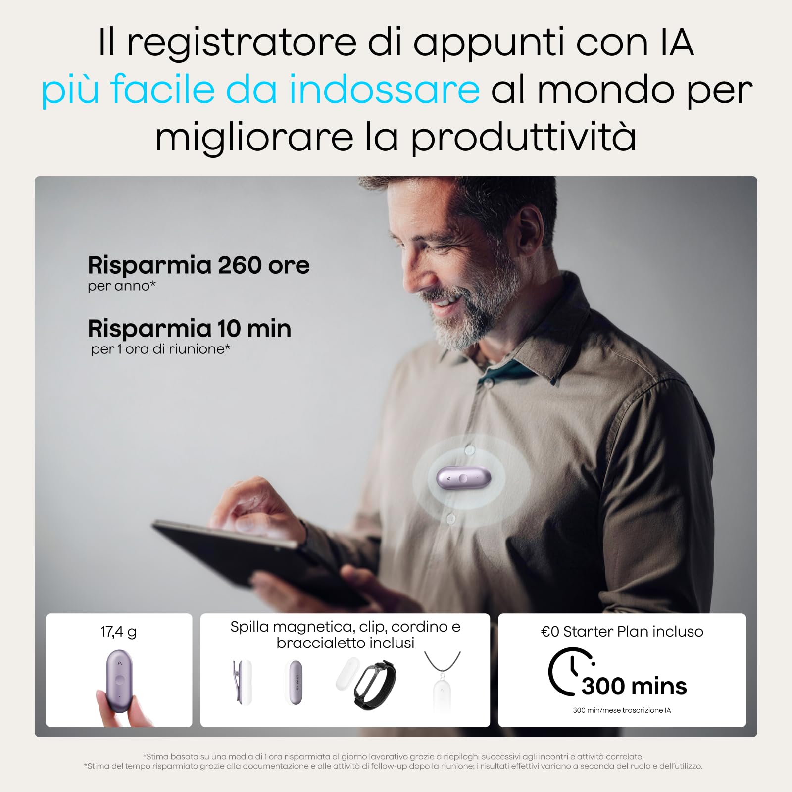 Plaud NotePin S Registratore Vocale AI Pulsante di Registrazione Tattile Audio Digitale Trascrizione Riepilogo Appunti Per Professionisti Riunioni Lezioni con 4 Accessori, Teams, Viola