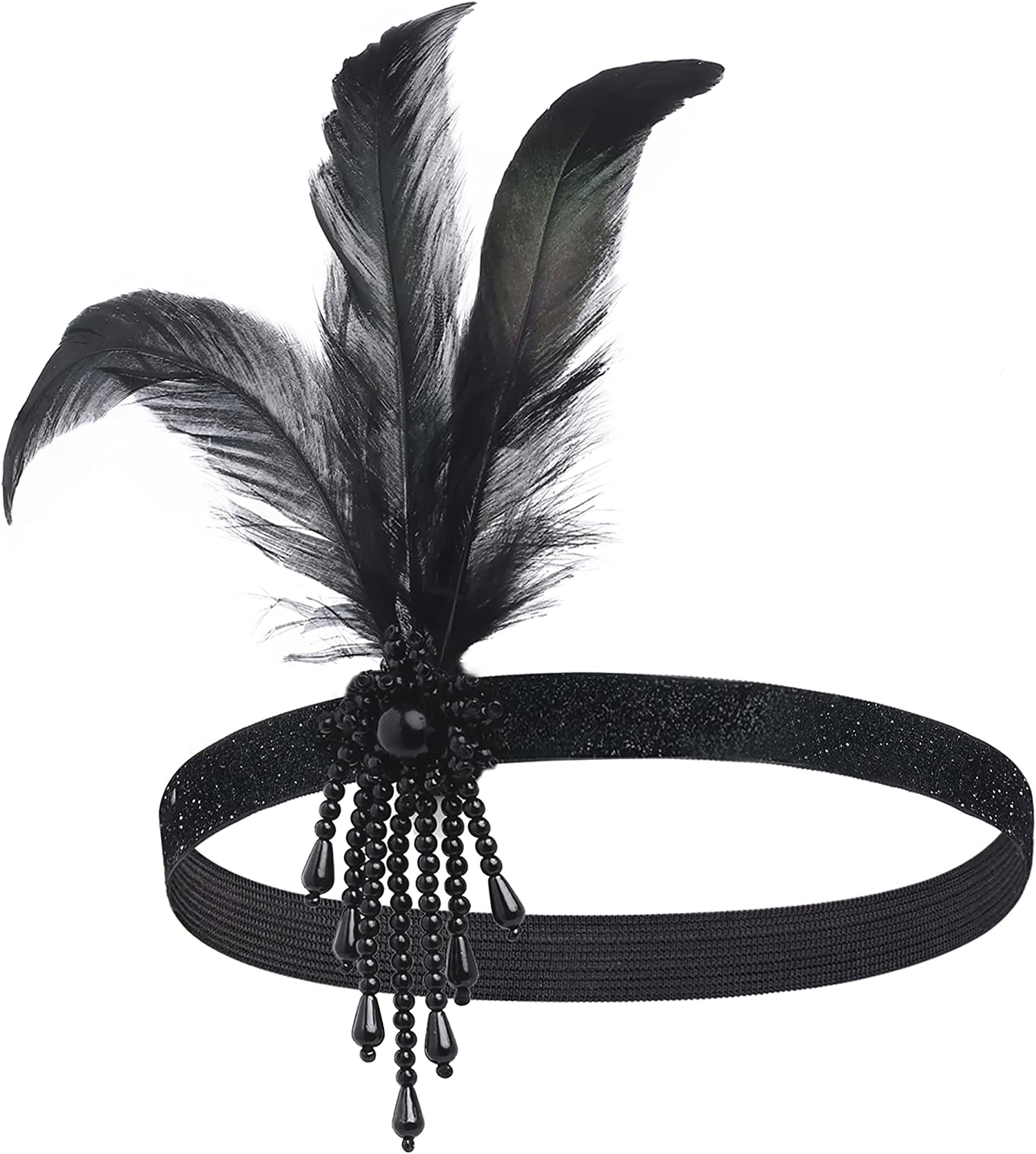 1920s Flapper Feather Headpiece Vintage 1920s Headband Beaded Flapper Headpiece Great Gatsby Costume Accessories,Black