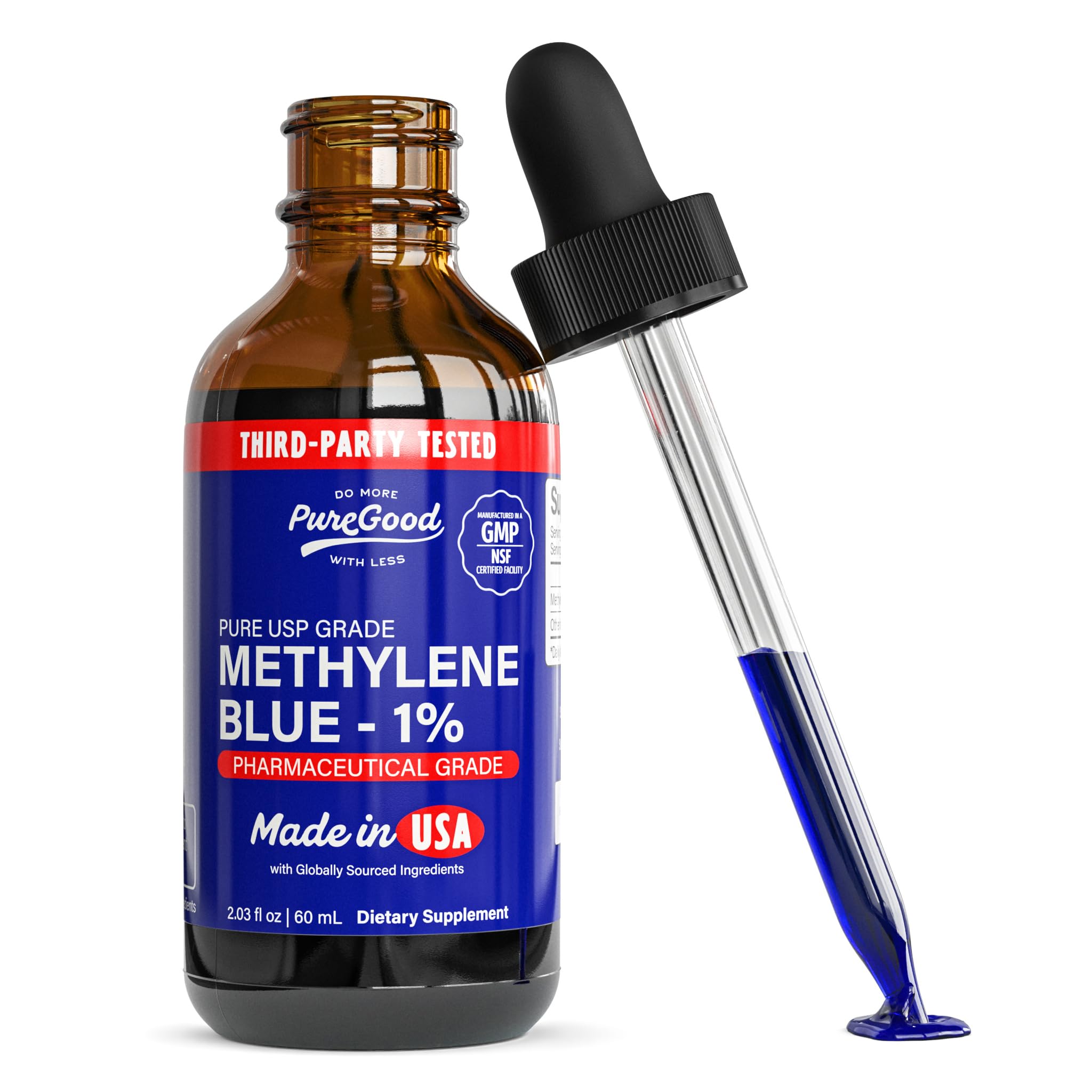 PureGood Methylene Blue 1% Liquid – 10 mg per 1 mL Serving – 60mL (2.03 fl oz) – About 60 Servings – Third-Party Tested – Amber Glass Bottle