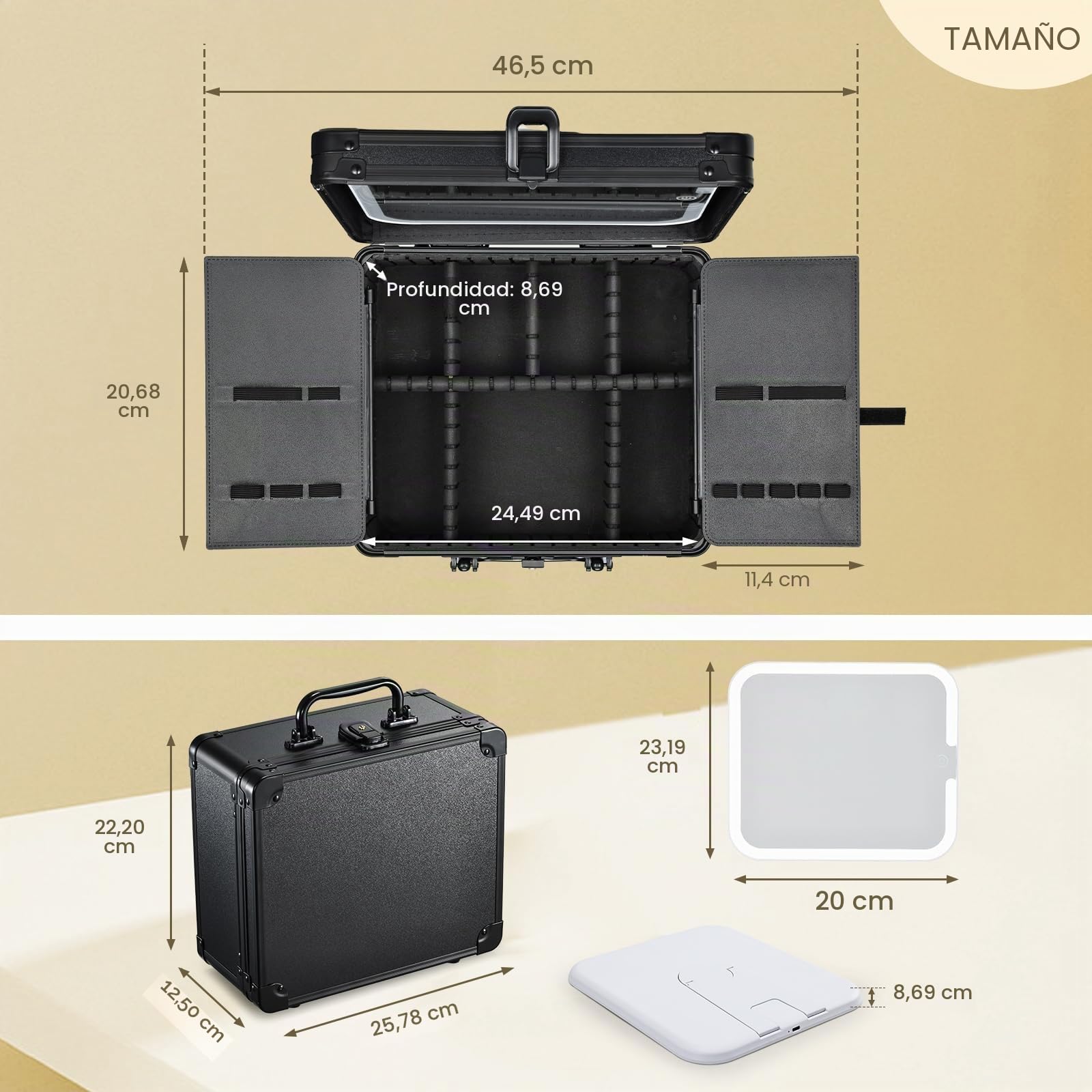 Maletin Maquillaje con LED Grande Maletín Organizador Maquillaje portátil de Cuero PU Estuche Maquillaje con Espejo extraíble Neceser Maquillaje con Soporte para brochas de Maquillaje, Negro