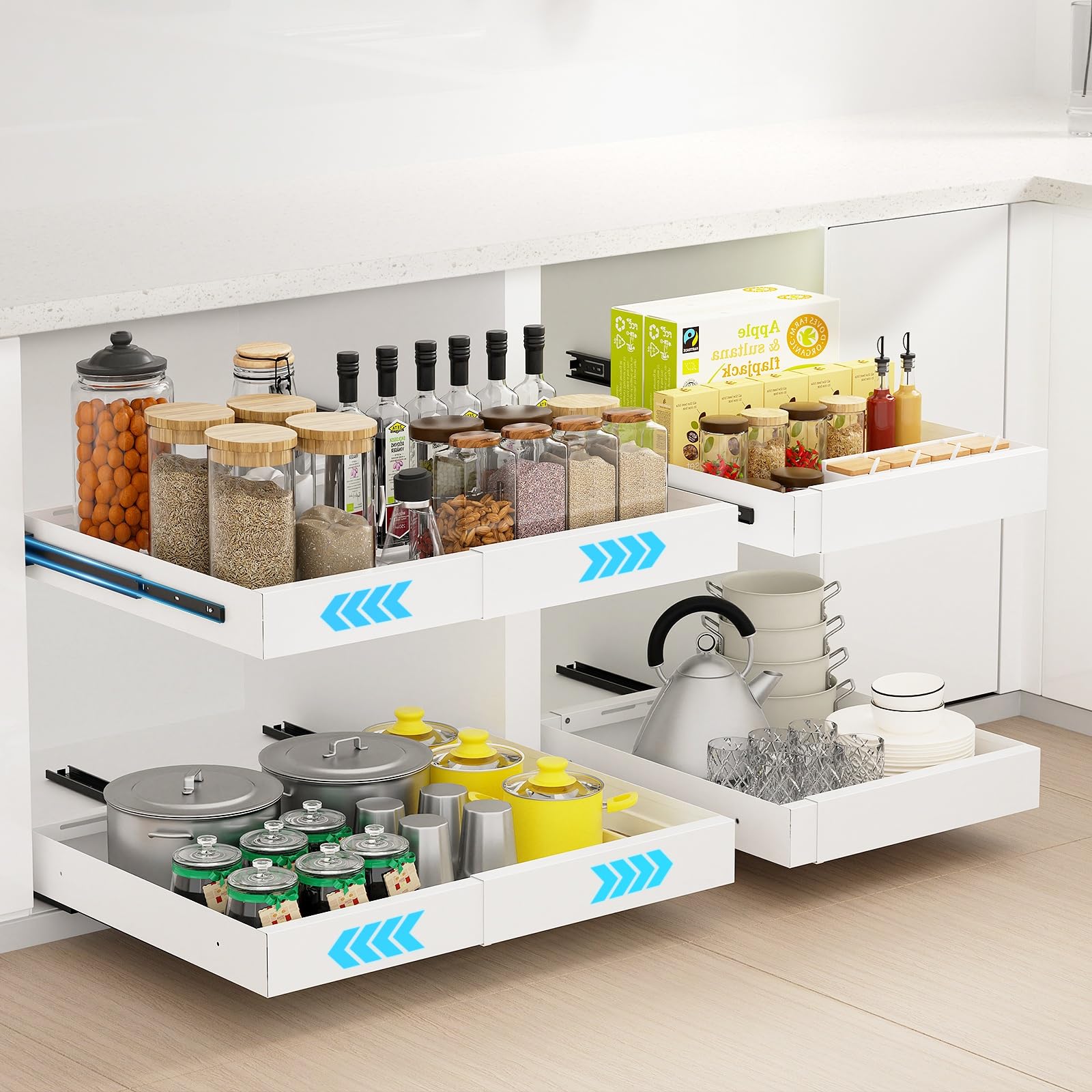 Tiroir Coulissant Cuisine 2 Pièce, Installation double améliorée, compatible avec tous les meubles de cuisine, Tiroir Télescopique Extensible à rail robuste améliorés de 32 à 52 cm