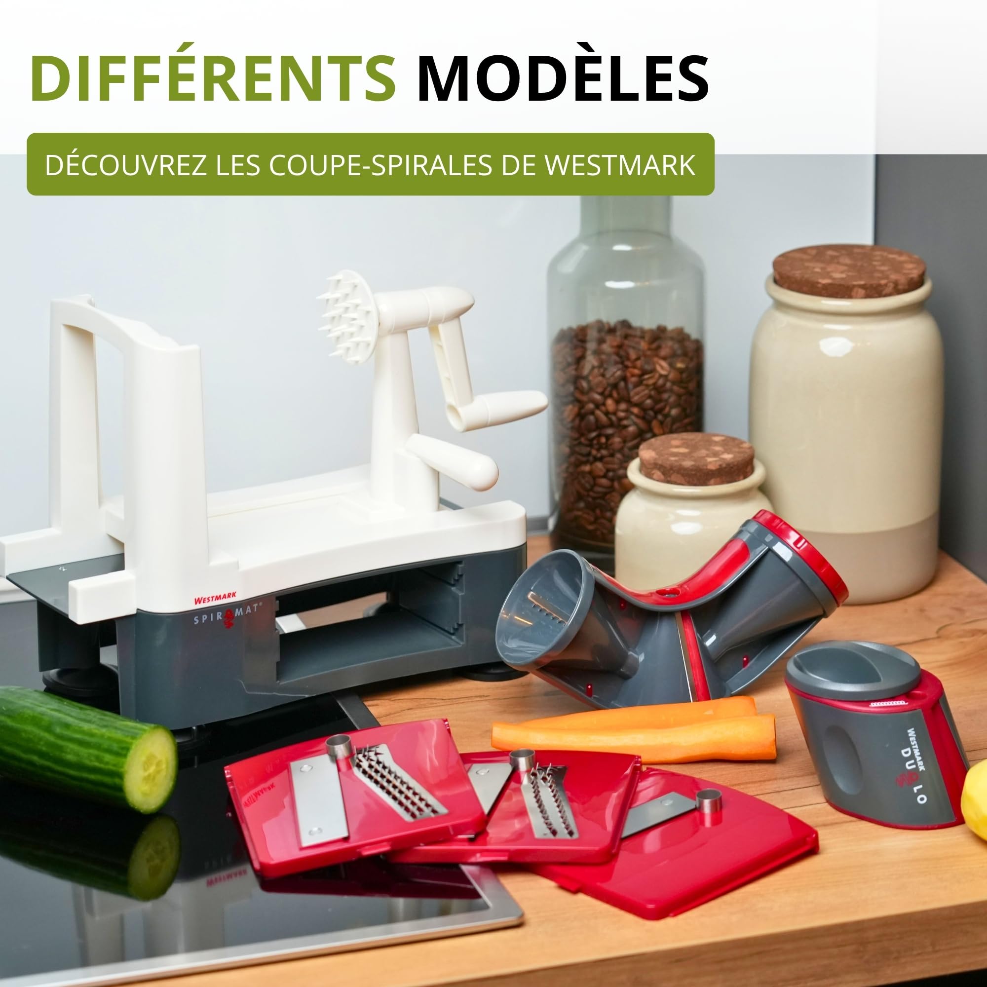 Westmark Mandoline en Spirale pour Nouilles de Légumes, Zoodles et Spirales de Légumes, 3 Lames, Lames Aiguisées en Acier Inoxydable, Spiromat, Gris/Blanc/Rouge, 11332260