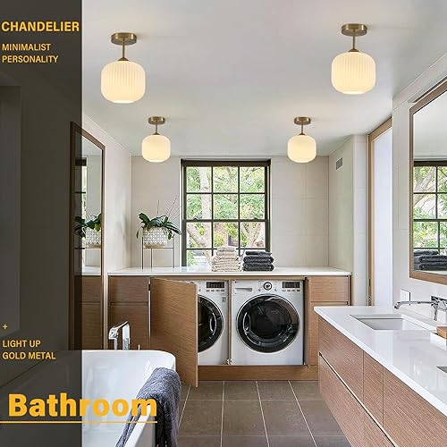 Miniatura 7 de Lámpara de techo semiempotrada dorada de vidrio de leche de montaje empotrado, luz de techo vintage de vidrio blanco acanalado, lámpara de techo