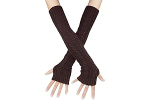 Womens Winter Warm Over Elbow Long Fingerless Brown Gloves Mittens