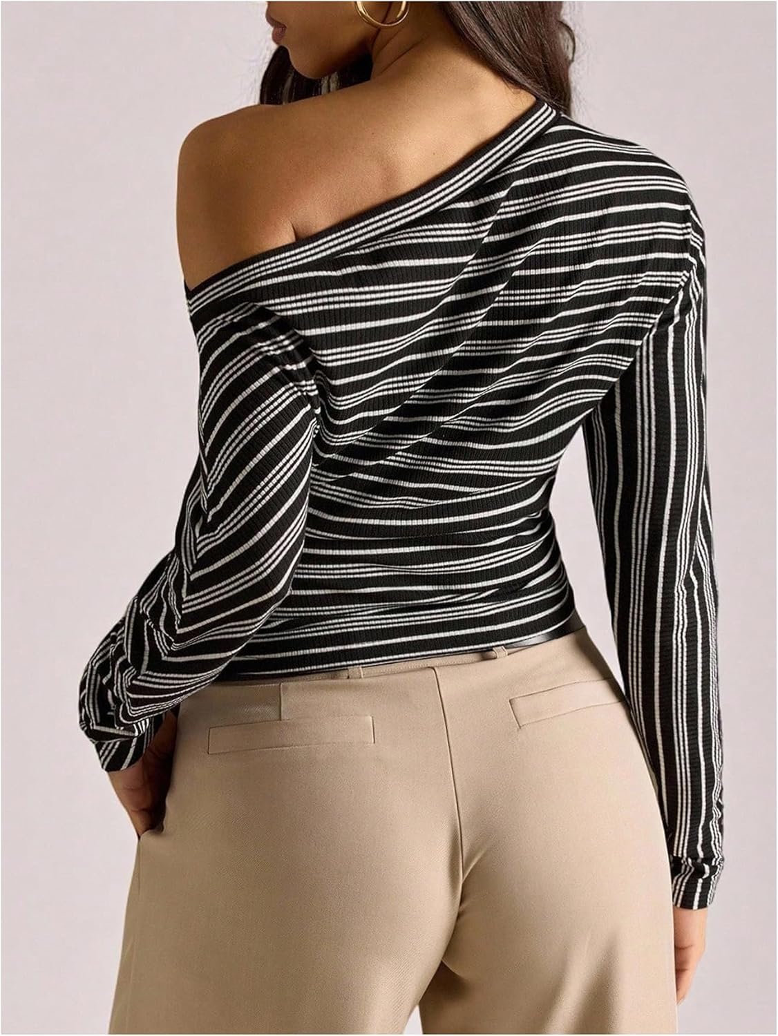 MakeMeChic Women's Striped Off The Shoulder Long Sleeve Tee Shirt Asymmetrical Neck Fall Y2K Crop Tops - Image 2