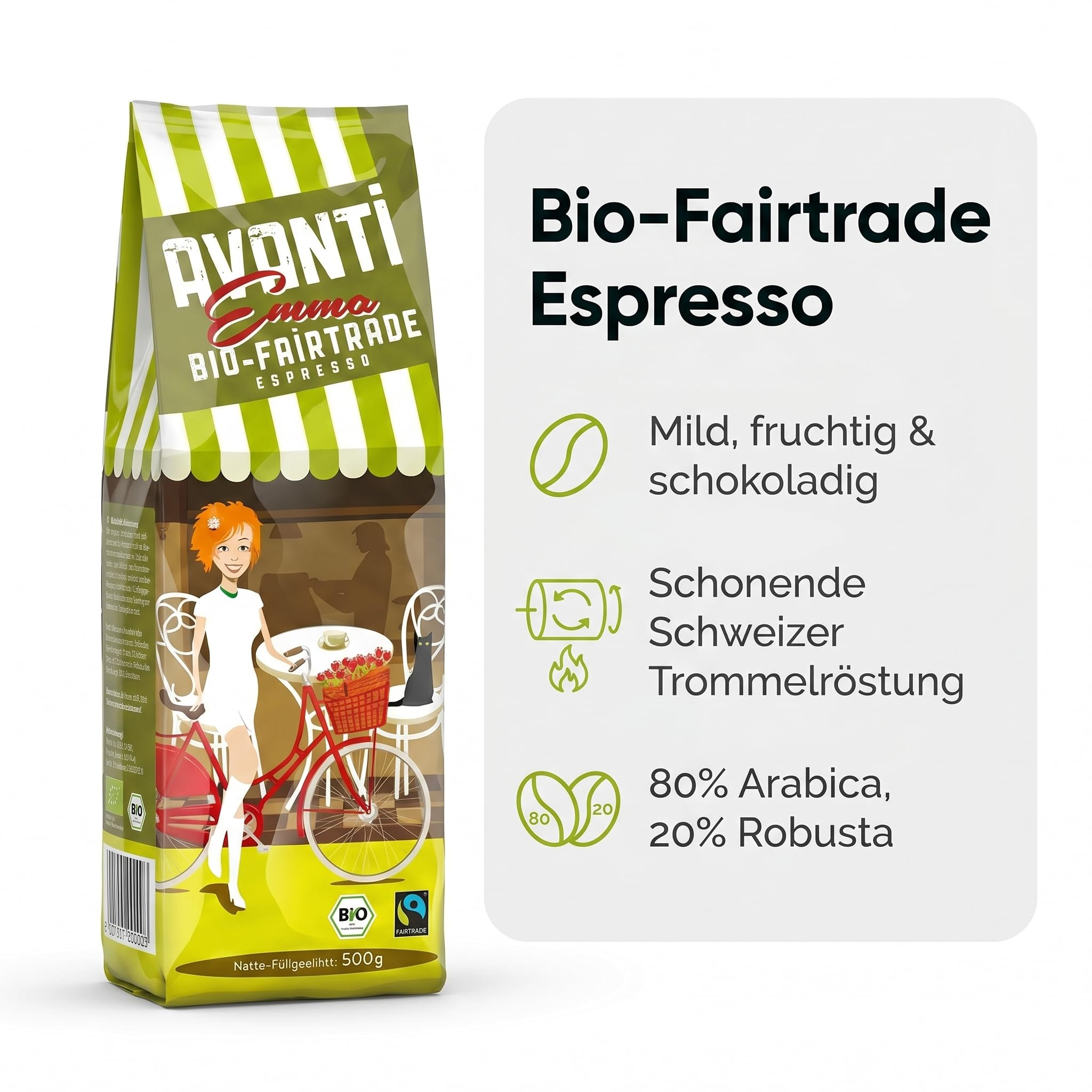 4 x AVANTI Emma Kaffeebohnen, Fairtrade Espresso, ganze Bohnen 500 g, 80% Arabica 20% Robusta, säurearme Langzeit-Trommelröstung (mitteldunkel), Schweizer Röstung und Abfüllung