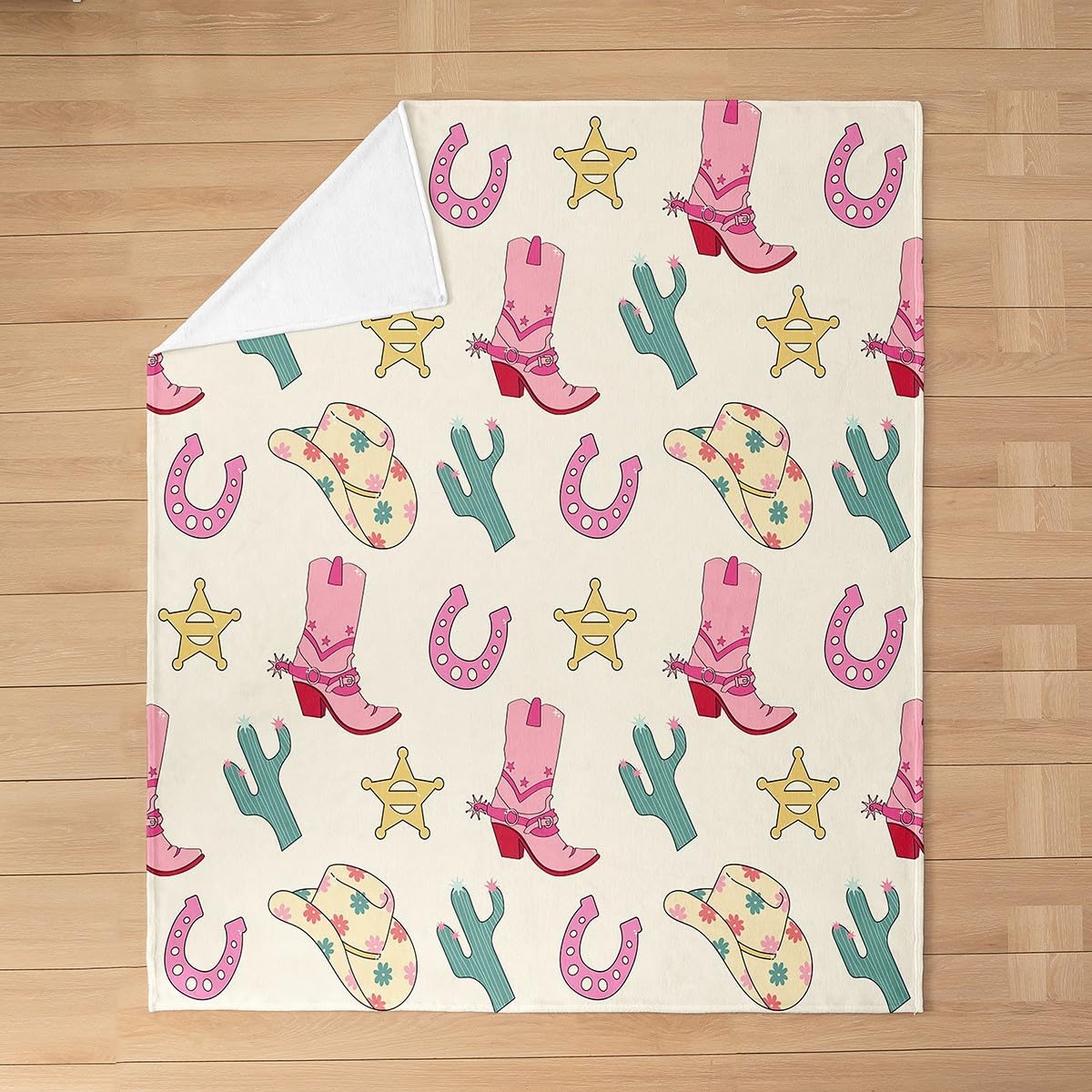 jejeloiu Western Fuzzy Blanket Queen 90"x90" Wild Western Cowboy Flannel Fleece Throw Blanket Boys Girls Cowboy Boots Cowboy Hat Horseshoe Cactus All Season Bed Blanket Pink Plush Blanket
