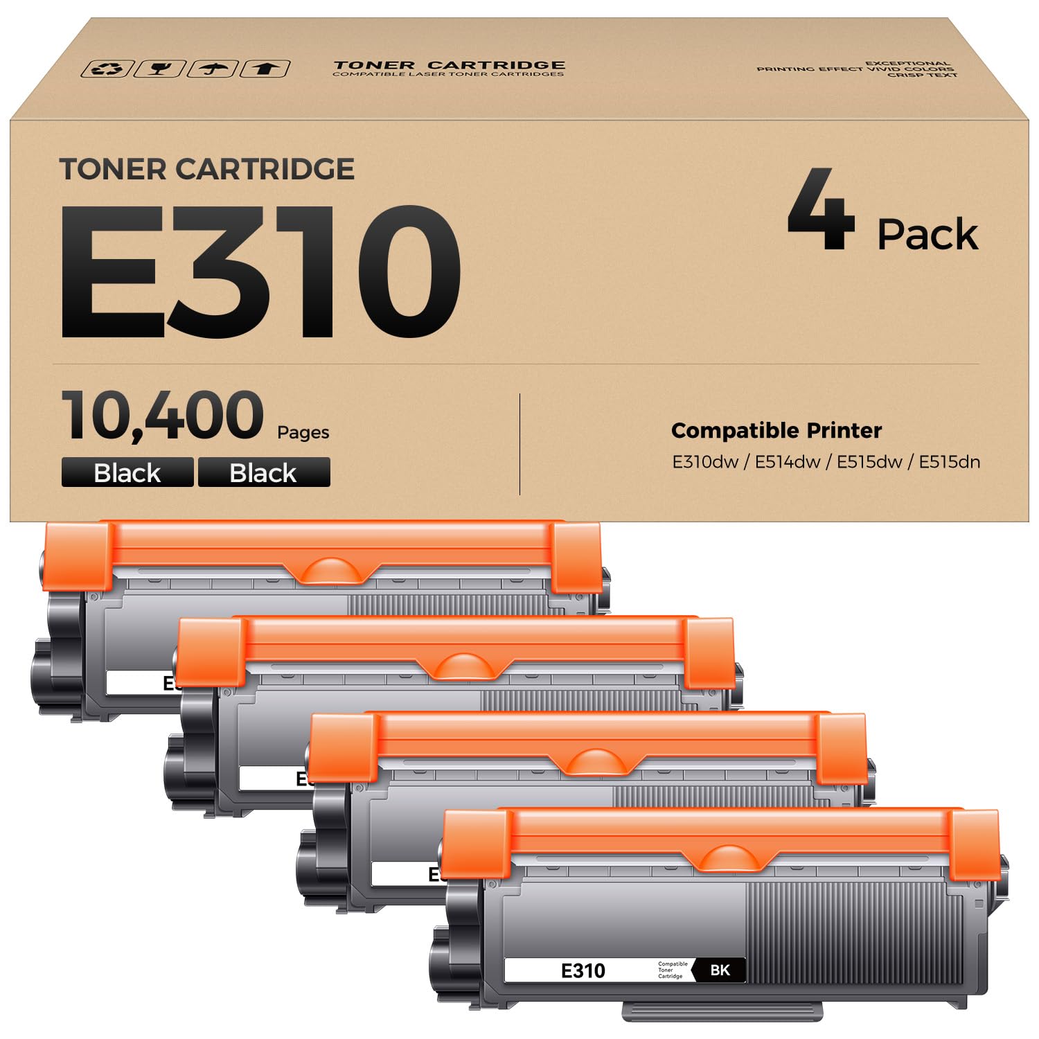 E310 Toner Cartridge Black 4-Pack Replacement for Dell E310 E310dw E514 E515 P7RMX PVTHG 593-BBKD Toner Compatible with Dell Wireless Monochrome E310dw E514dw E515dn E515dw Printer Ink All-in-One Copy