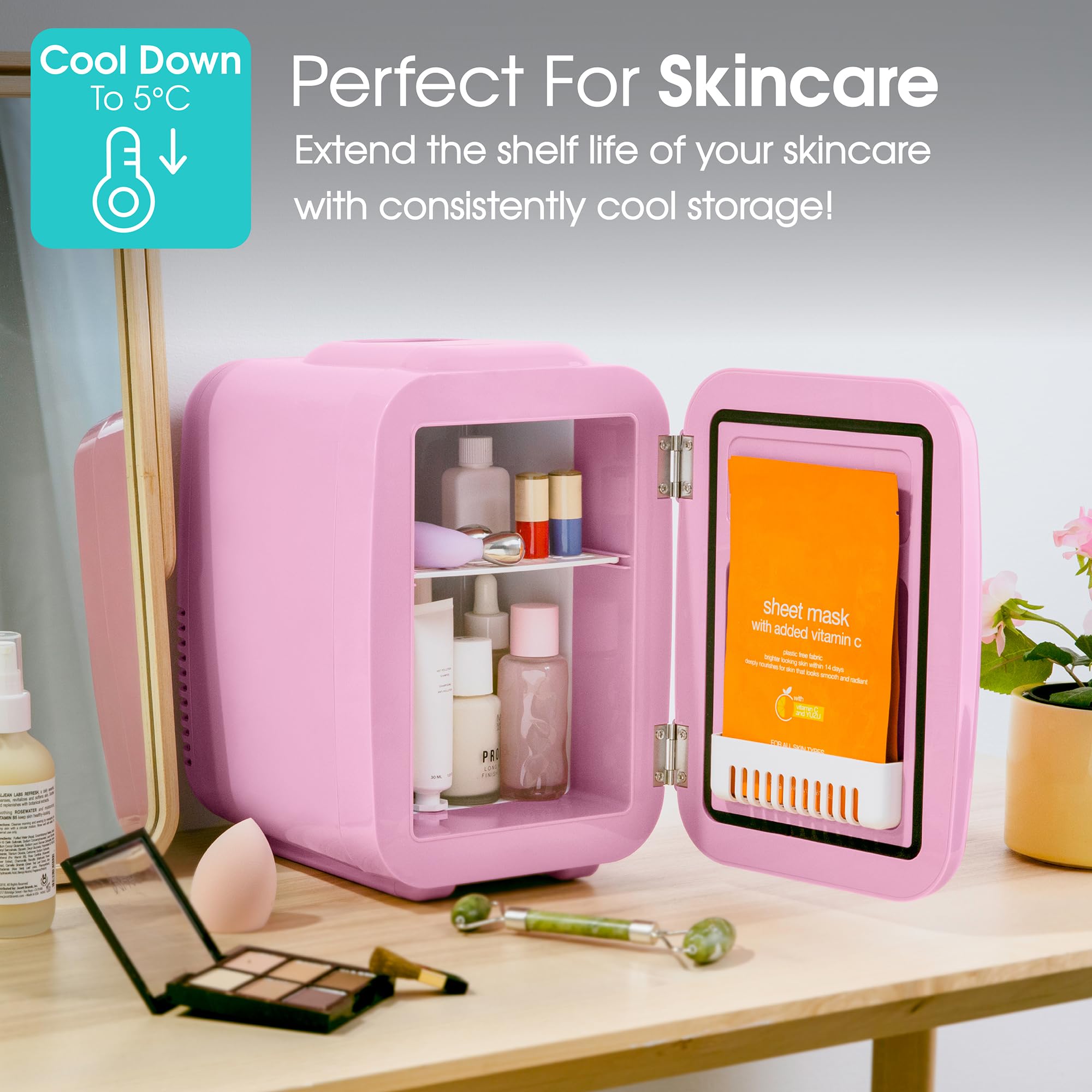 Abode Pink Mini Fridge A4CLR201P 4L/6 Can Portable Thermoelectric Mini Cooler & Warmer for Drinks, Cosmetics/Makeup/Skincare, AC/DC Power, Retro Style, For Bedroom, Home, Caravan, Car — view 4
