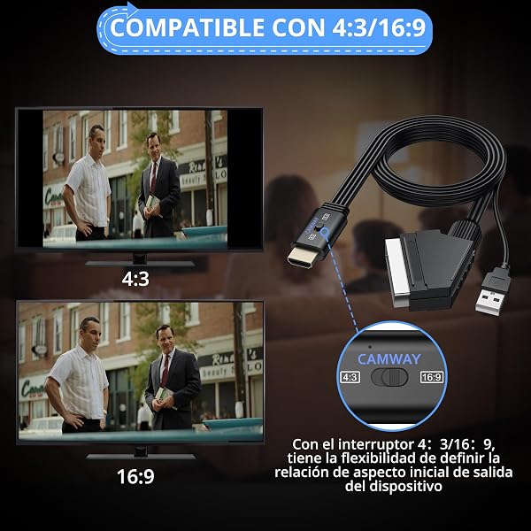 CAMWAY Adaptador SCART a HDMI con Switch 16:9/4:3, 1080P Convertidor Euroconector a HDMI con 150CM Cable SCART Macho Integrado, Diseño de Cable Todo en Uno, Compatible con PAL NTSC para DVD VCR VHS - 4