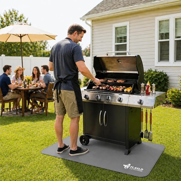 FLASLD - Tapis de Gril Lavable pour protéger Les terrasses et Les patios Contre Les éclaboussures de Graisse et la Chaleur du Barbecue, Tapis de cheminée Ignifuge Gris, 91 x 122 cm - 2
