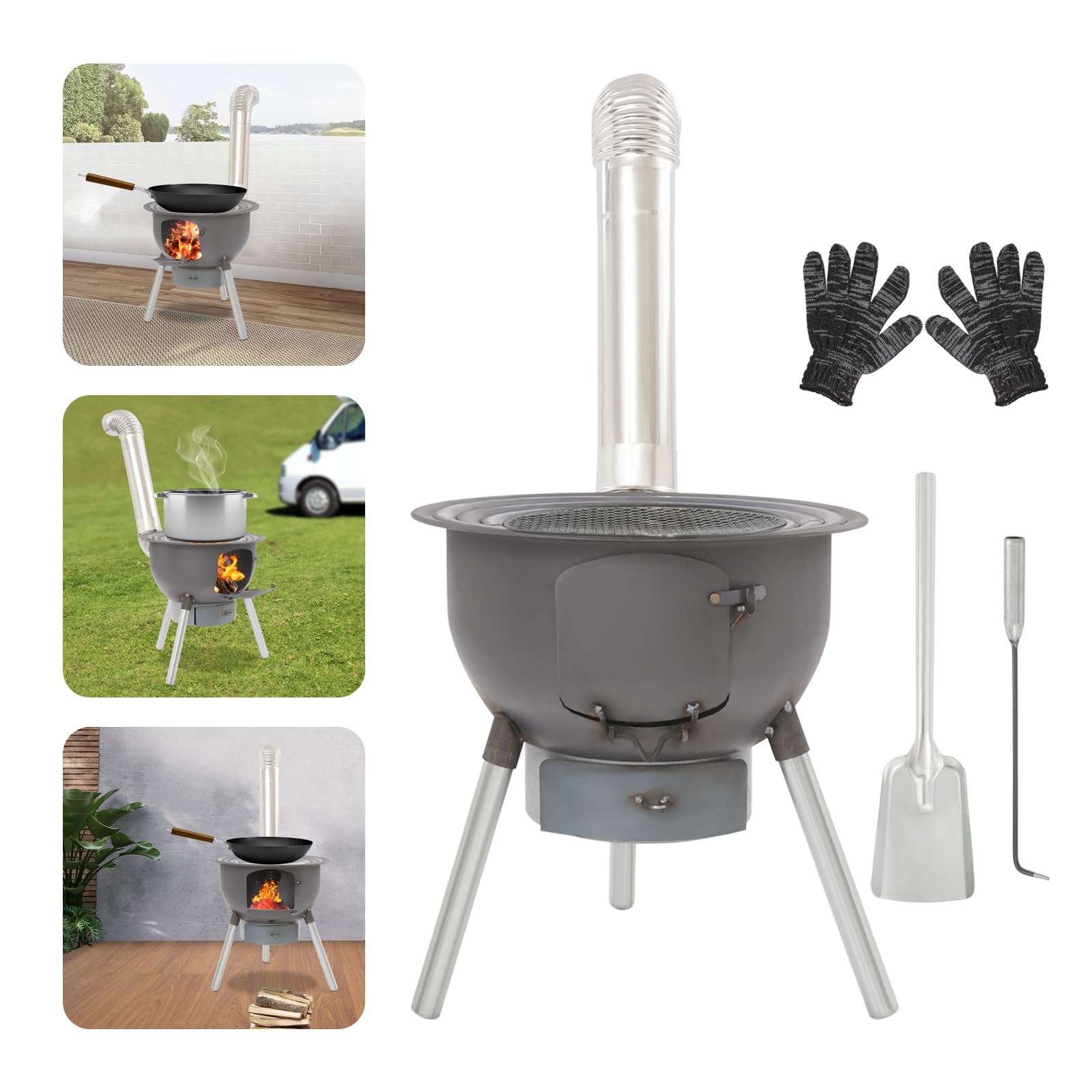 Poêle à bois de camping, portable, multifonction, avec cendrier, 48 x 52 cm, tout-en-un avec grille de cuisson et 3 anneaux de wok