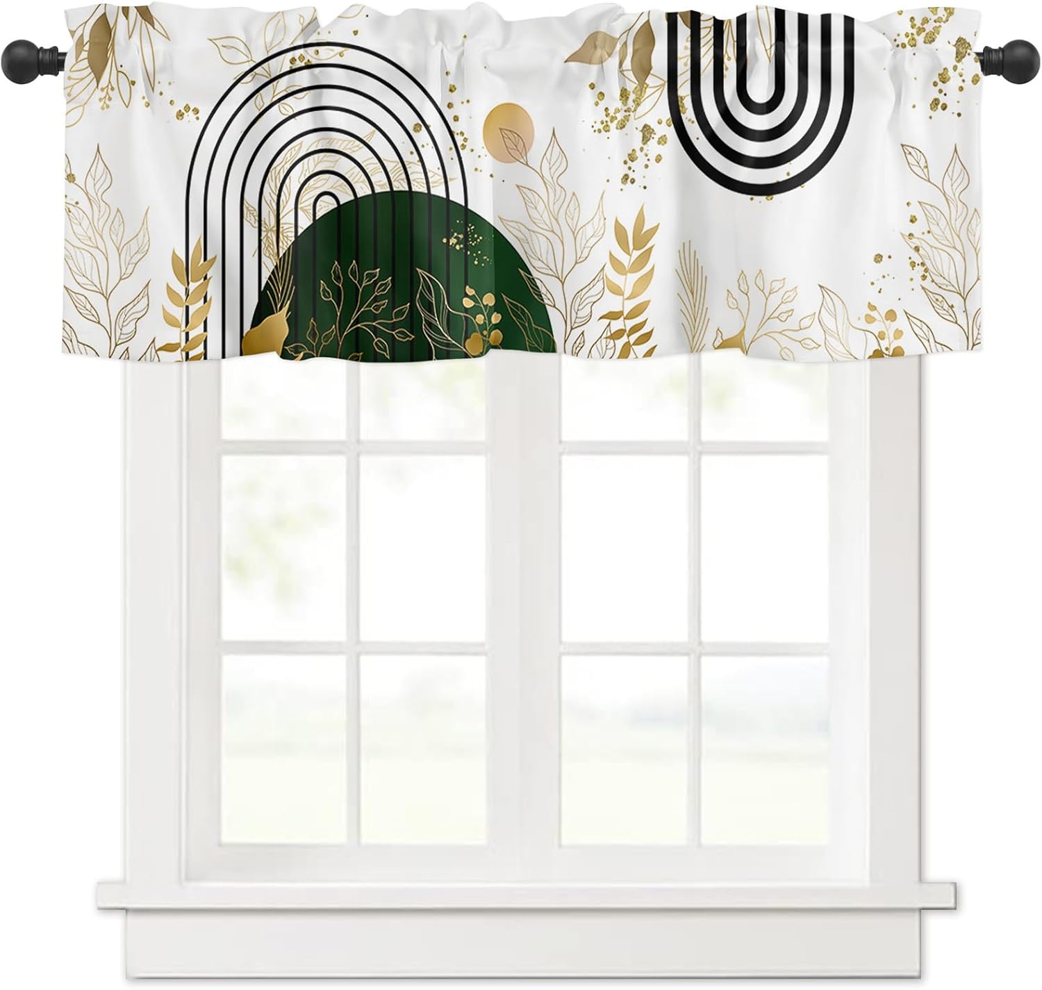 CosyBright Green Black Gold Boho Window Valance Green Gold Leaves Plant Modern