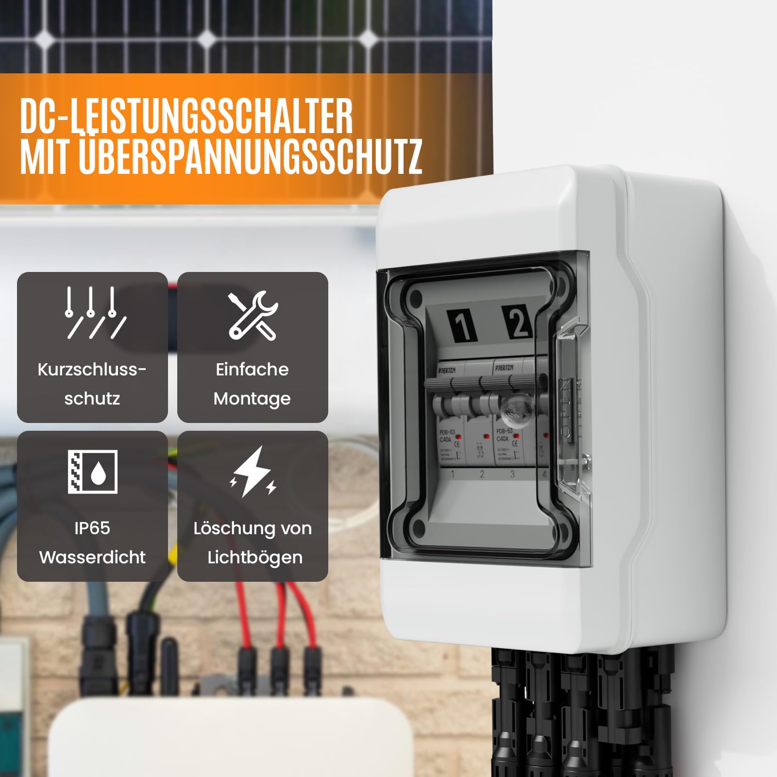 DC Trennschalter PV Anlage 500V 2 String, IP65 Wasserdichte Solar Combiner Box mit 2 polig 40A Leitungsschutzschalter, Kurzschluss- & Überstromschutz（2 in 2 out）