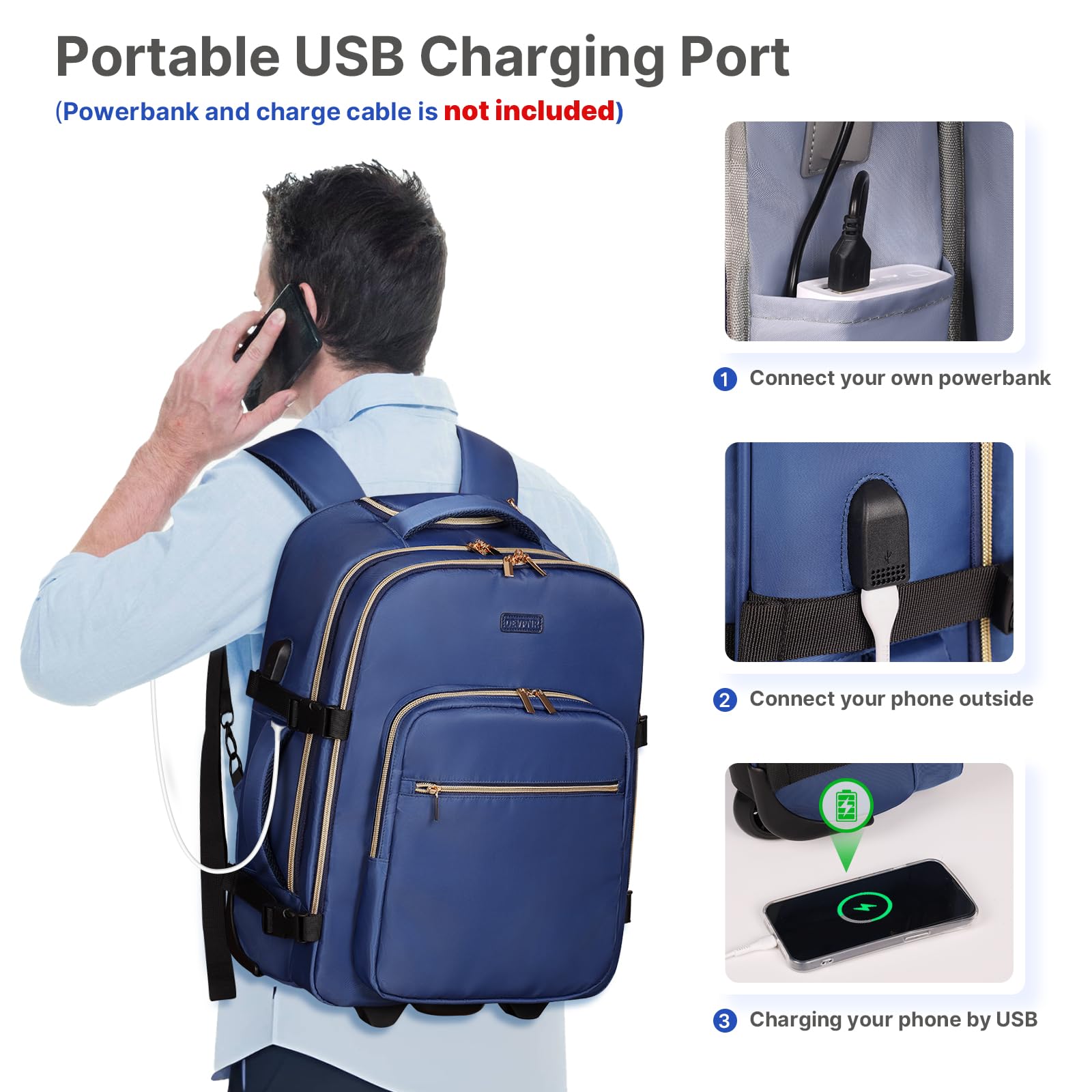 DEVPNR Mochila con ruedas para mujer, mochila de viaje para portátil de 17 pulgadas con ruedas, bajo el asiento avión, bolsa de negocios de noche, Negro oscuro, XL, Negocios, viajes, diario