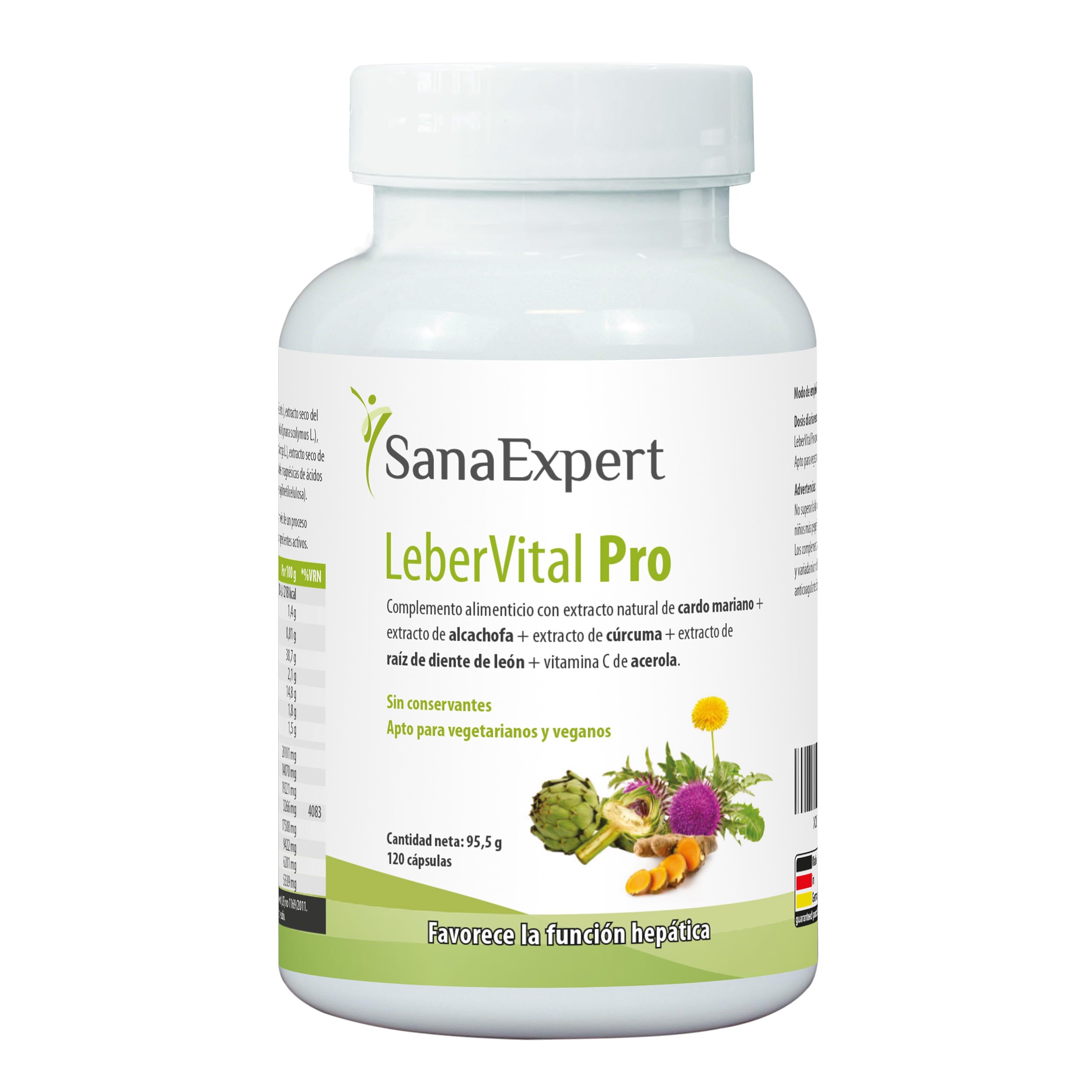 SanaExpert LeberVital Pro - Suplemento Natural para la Purificación y Salud Hepática - Con Cardo Mariano, Cúrcuma, Alcachofa, Raíz de Diente de León y Vitamina C - 120 Cápsulas - Fabricado en Alemania