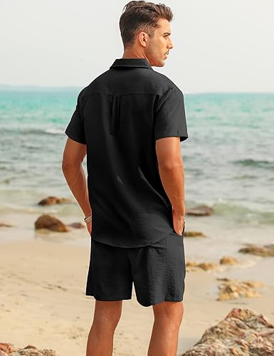 Miniatura 3 de LecGee Conjunto de ropa de lino para hombre con botones y pantalones cortos de guayabera cubana, conjunto de 2 piezas