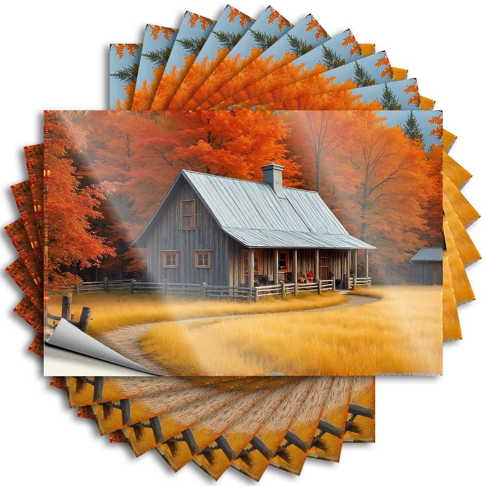 Saying Birthday Peel and Stick - A Cozy Cabin Nestled in Autumn Foliage. Case Metal Waterproof Vinyl for Friends(12X18CM)