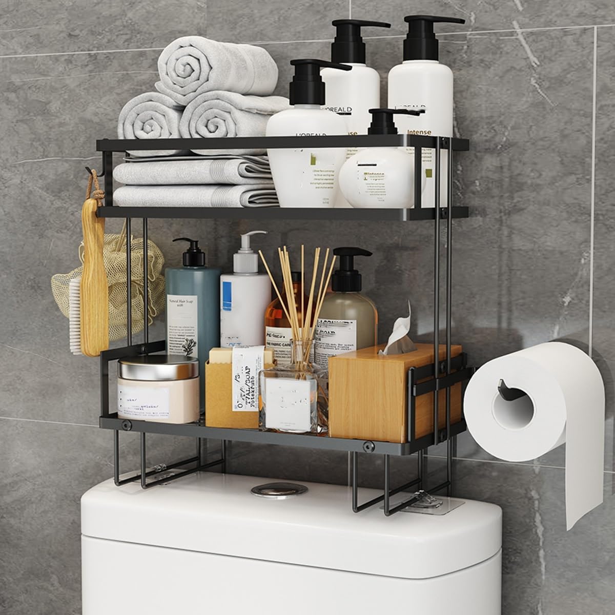 Over The Toilet Storage, 2-Tier Bathroom Organizer Shelves, Multifunctional Toilet Rack, No Drilling Bathroom Organizers and Storage, Wall Mounted Bathroom Decor (Color : /Black, Size : B) (/Black A