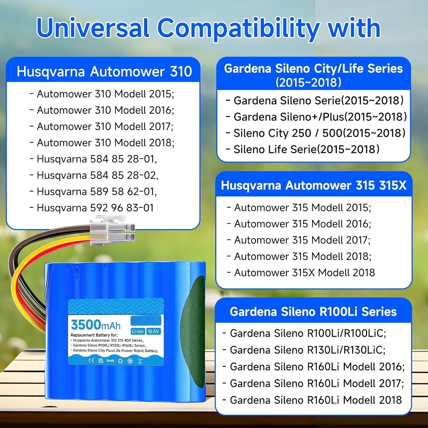3500mAh Battery Replacement for Husqvarna Automower 315X 315 310, Husqvarna 584 85 28-01, for Gardena Sileno Minimo/City/Life/Plus, Gardena Sileno R100Li/ R100LiC/ R130Li/ R130LiC/ R160Li Lawn Mower