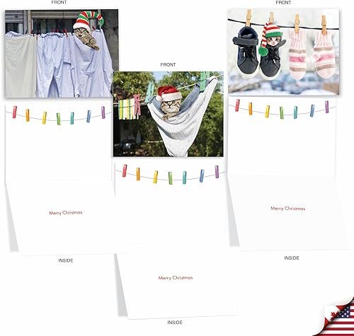 Miniatura 10 de The Best Card Company - 10 tarjetas de felicitación de la temporada de gatos - Tarjetas de notas de animales de Navidad, juego de vacaciones surtido