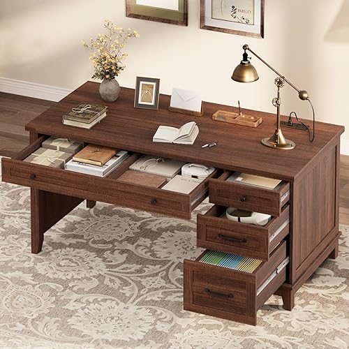 GarveeHome Executive Desk with Drawers, Farmhouse Home Office Desk with Charging Station, 53.54 in Wooden Computer Desk with File Cabinet Storage for Work Study Writing,Walunt Brown