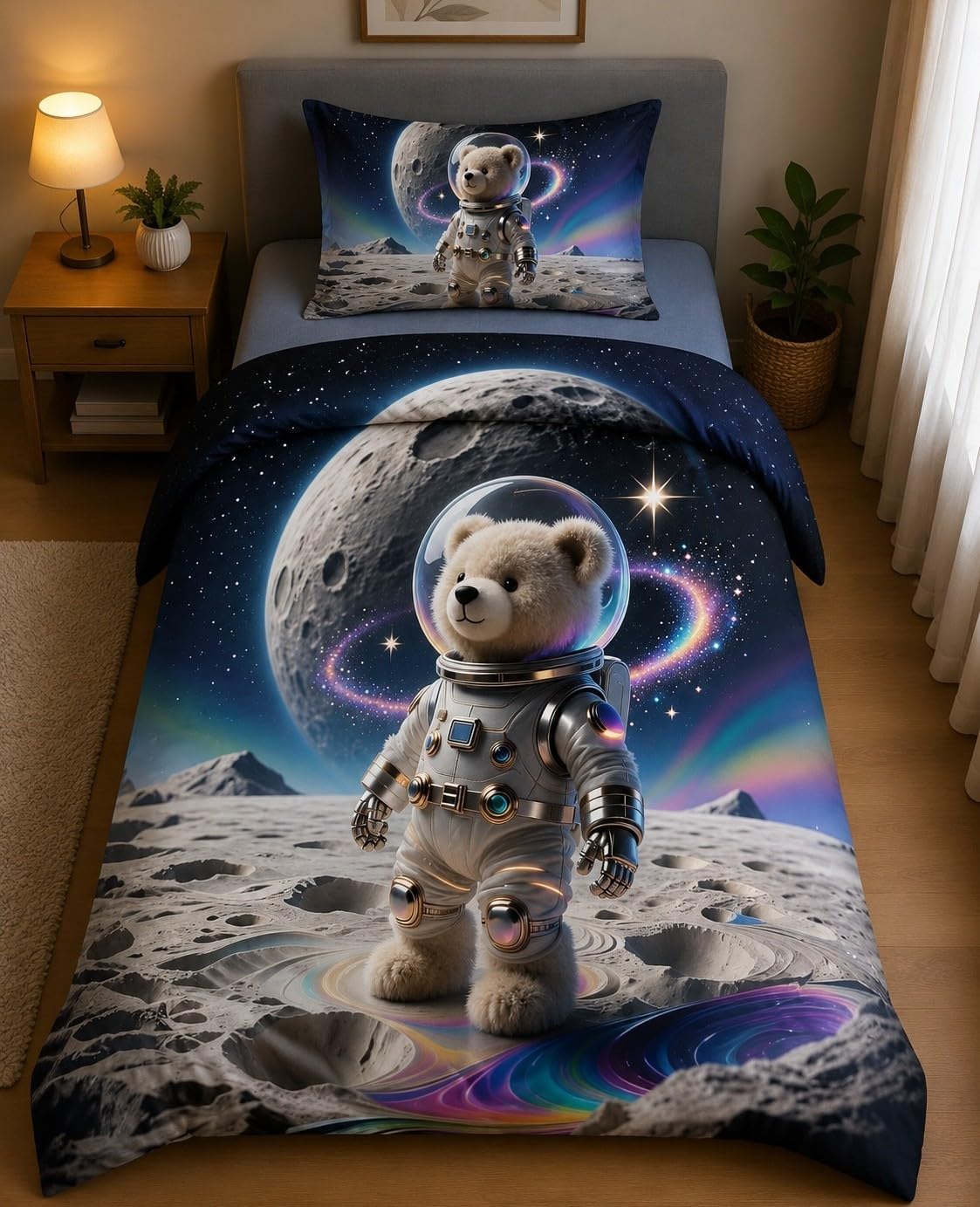 7D Astronaut Teddy Printed Single Bedsheet with 1 Pillow Cover | Premium Glace Cotton Flat Bedsheet 60x90 Inch | Outer Space Galaxy Theme Digital Bedding Set for Kids & Adults (Navy Blue Space)-image-2