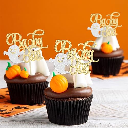Miniatura 6 de Gyufise 24 piezas espeluznantes para cupcakes Baby Boo con purpurina dorada, fantasma, pequeños abucheos, decoración de pasteles de baby shower,