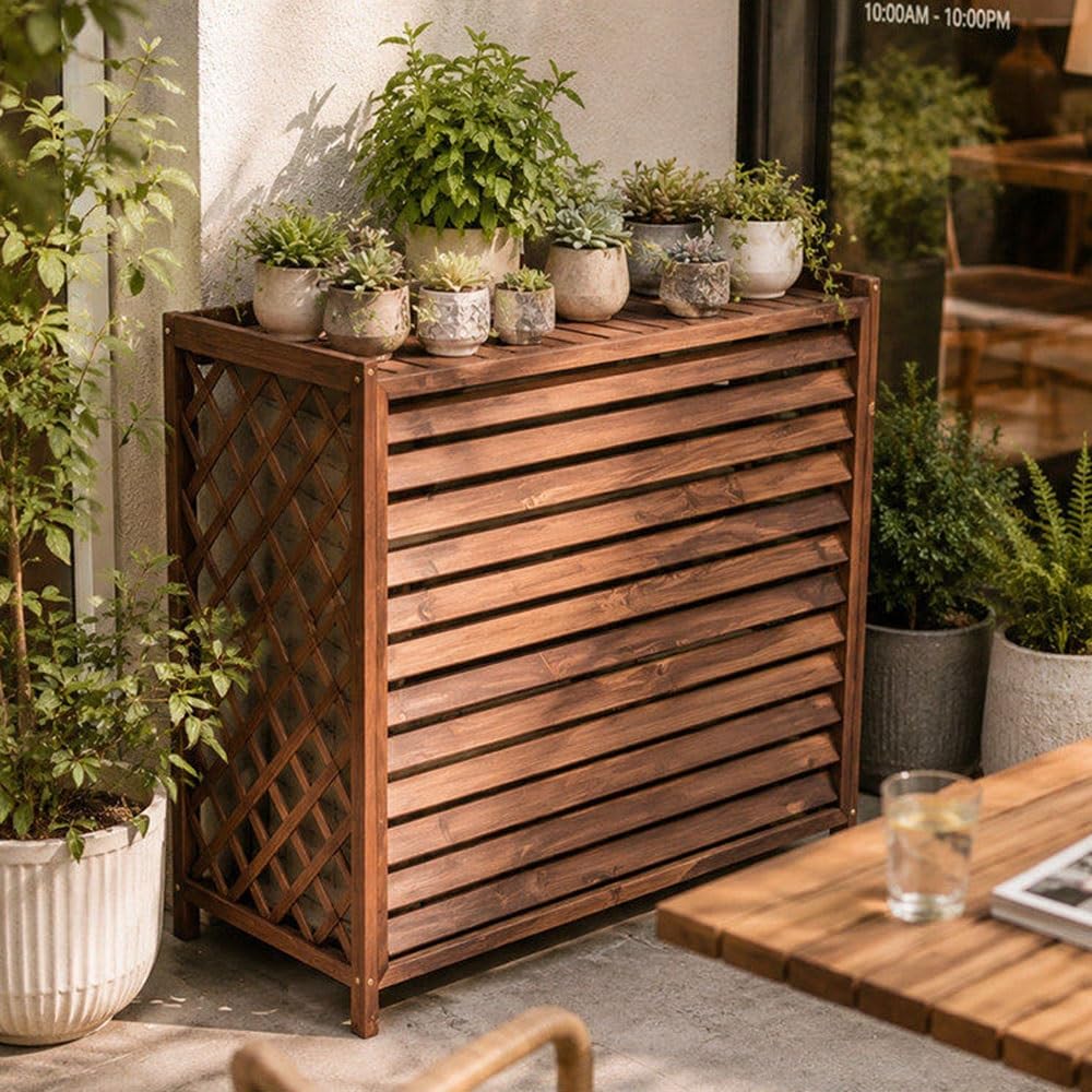Bois Massif Cache Climatiseur Exterieur Utiliser dans Le Jardin, Support De Fleurs Autoportant Protection Housse(120x57x100cm)