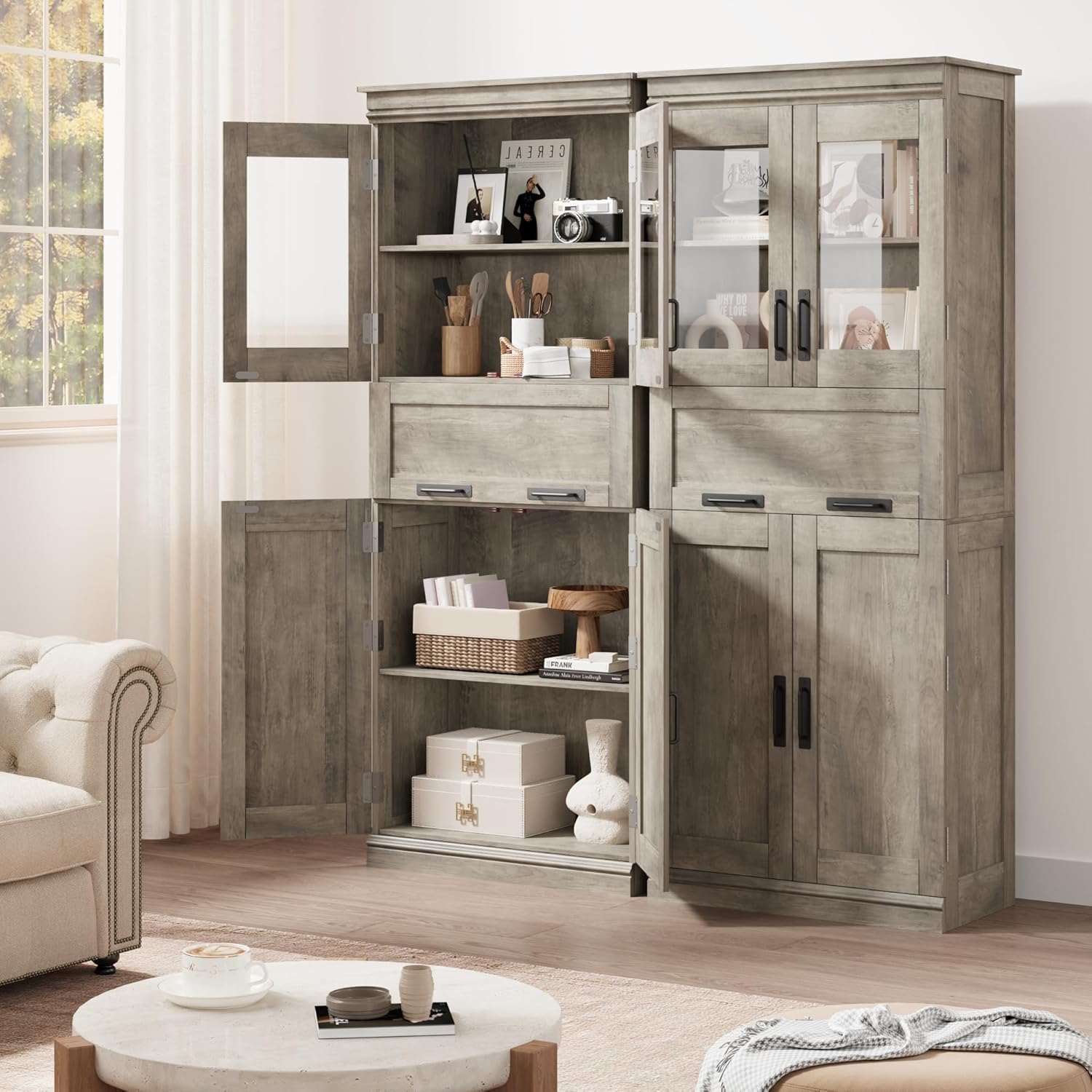 170 cm Küchenschrank aus holz mit 2 Holztüren und 2 Glastüren,Mehrzweckschrank et 4 Fächern,Vorratsschrank/Buffetschrank mit Hochziehschublade,Hochschrank Für Küche, Wohnzimmer, Badezimmer (Grau)