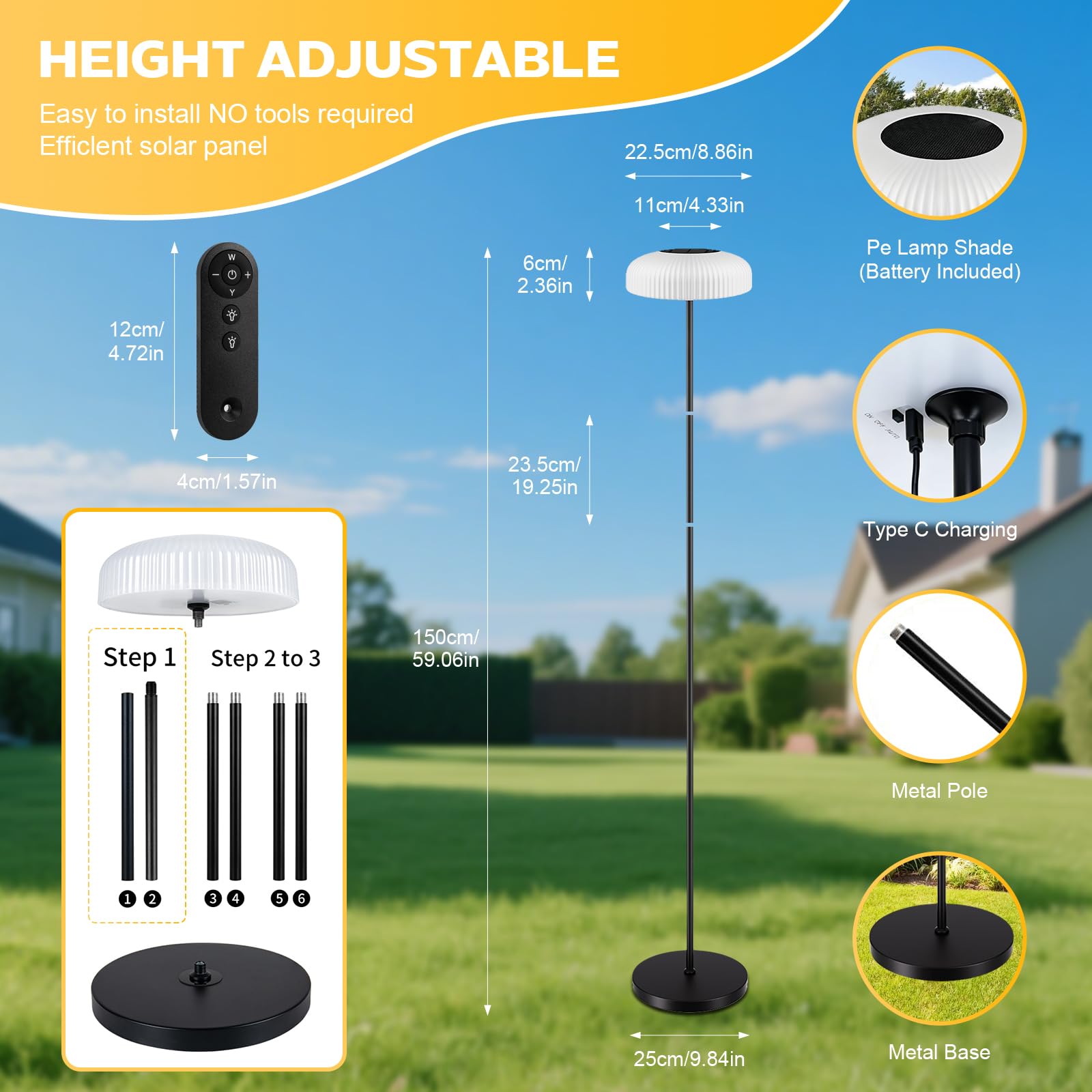 AGOTD Lampada da terra solare per patio esterno, LED senza fili con telecomando, 10 livelli di luminosità, bianco caldo e bianco freddo, impermeabile, ricaricabile da 4000 mAh