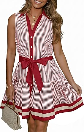 Wenrine Womens Summer Button Down Shirt Dress Sleeveless V Neck Mini Dress | Collared,Striped,Floral,A Line,Tie Waist,Belted,Short Dresses,with Pockets
