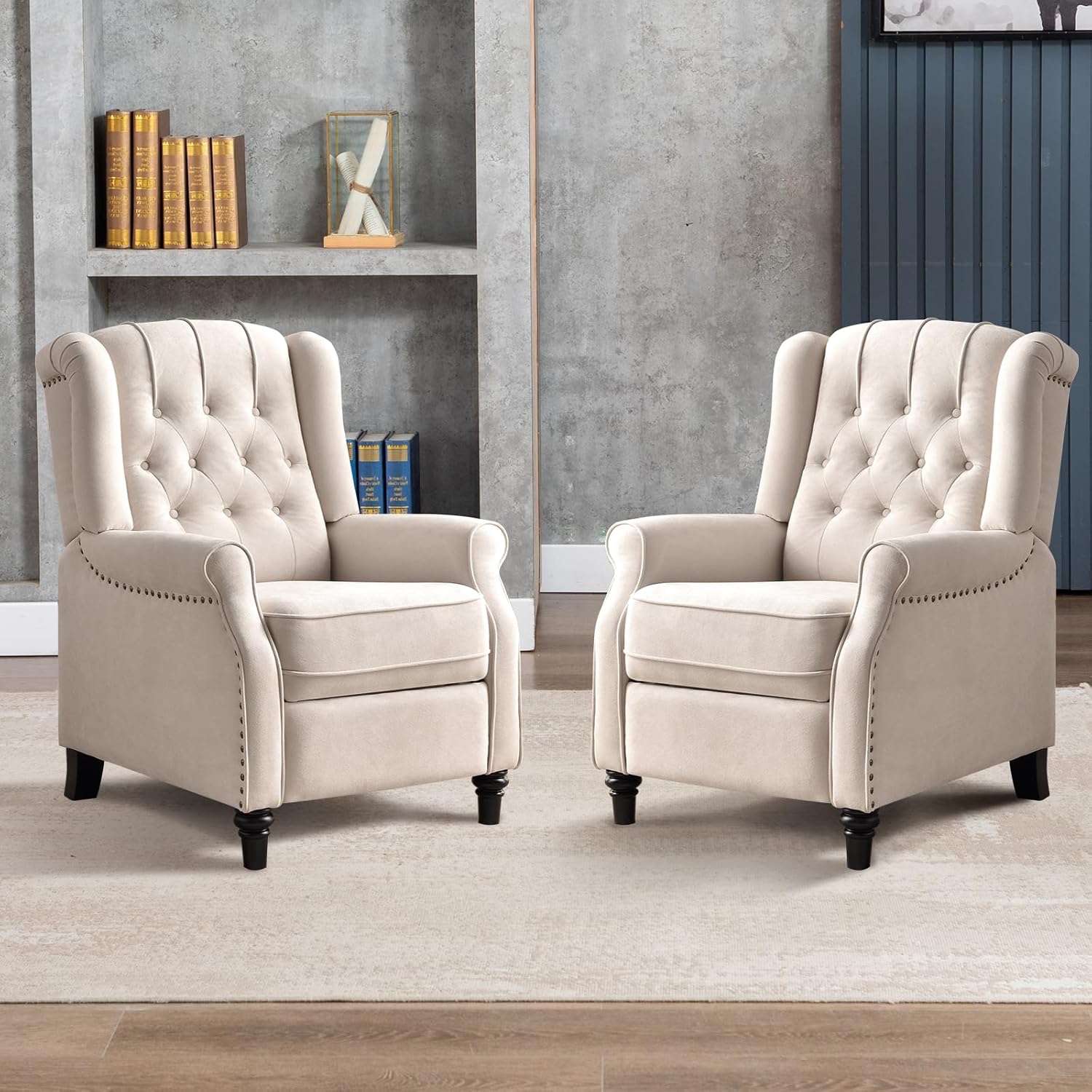 EBELLO Push Back Recliner Chair, Fabric Accent Chair Pushback Recliner with Rivet Decoration, Button-Tufted Back, Mid Century Wingback Armchair for Living Room, Bedroom, Beige