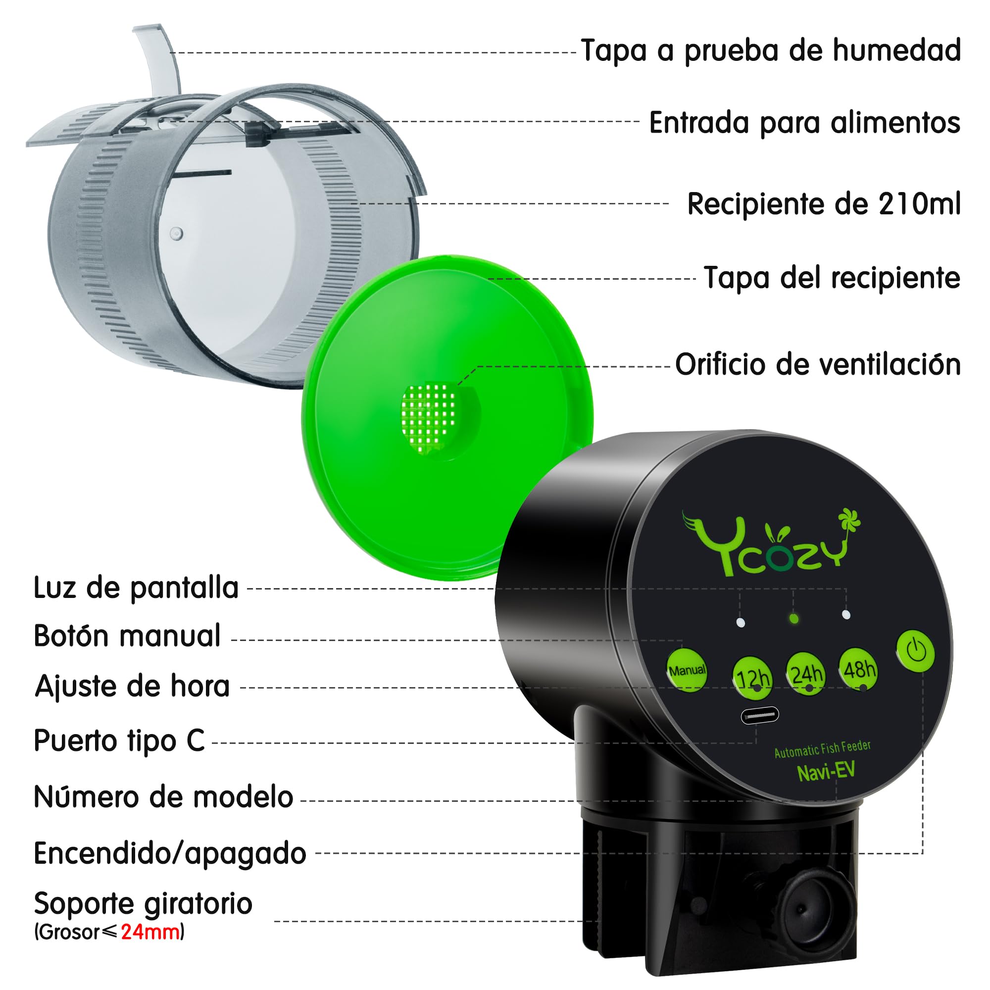 Ycozy Alimentador Automatico Acuario Recargable Dispensador Comida para Peces con Temporizador Alimentador Comedero Automatico Peces, Navi-EV