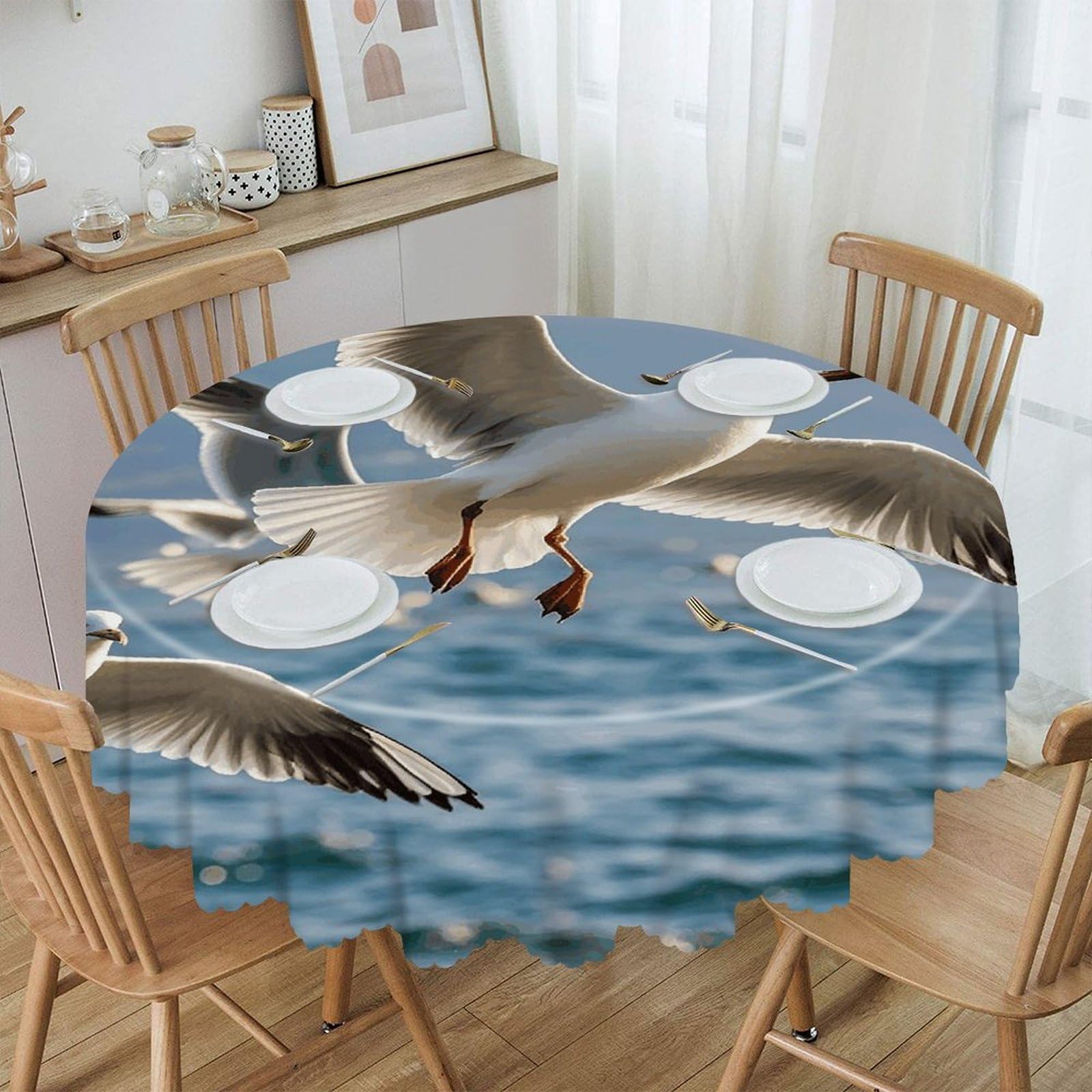 LZQPOEAS Seagulls in Flight Round Tablecloth Rustic Circle Table Cloth Wrinkle Resistant Decor Tablecloth Waterproof Washable Table Cover for Kitchen Party Dining Table 60 Inch