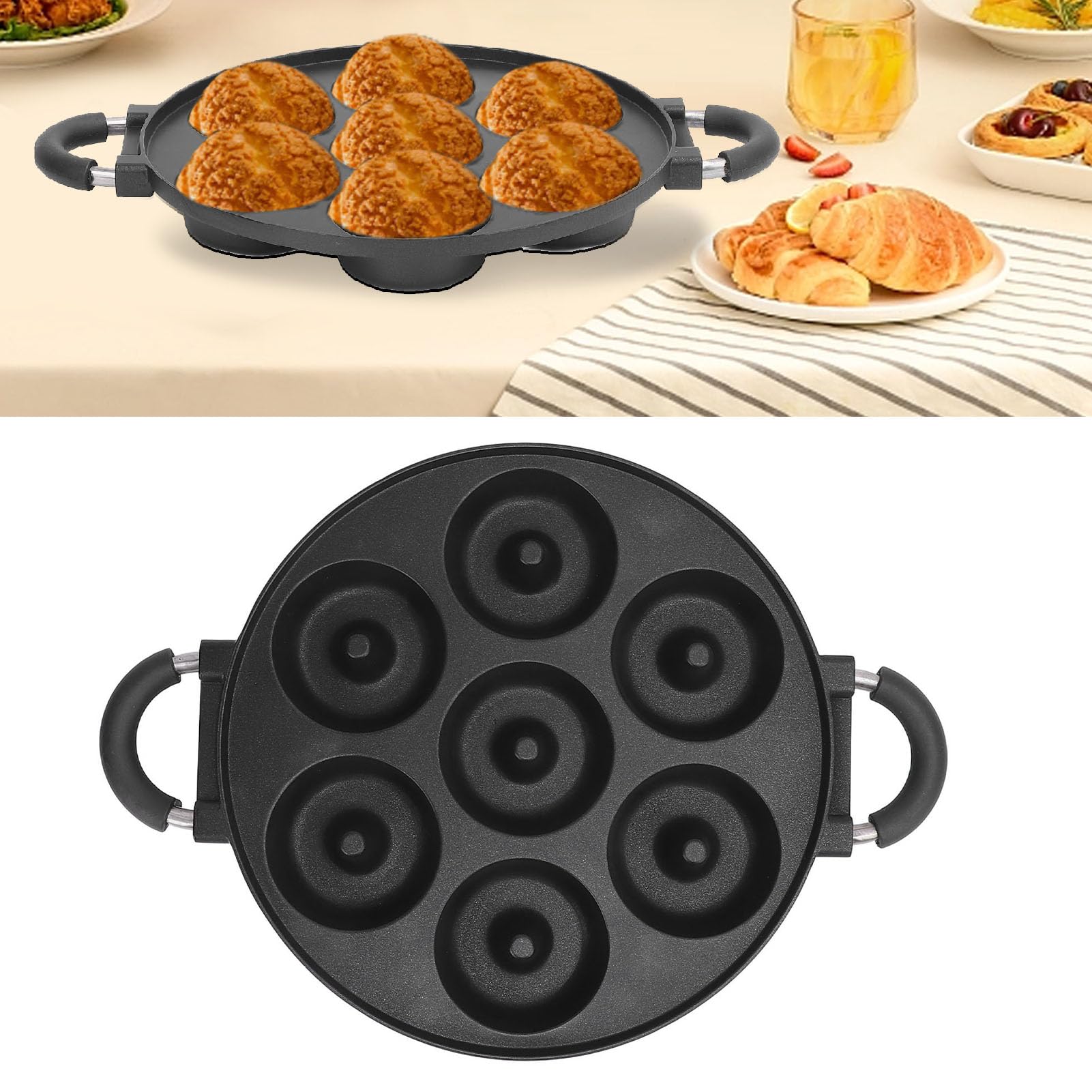 Moule à beignets 7 trous en alliage d'aluminium antiadhésif |Chauffage uniforme pour des beignets idéaux à chaque fois |Poignée confortable Dégagement facile |pour la