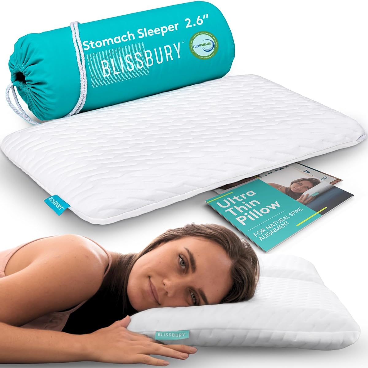 BLISSBURY Stomach Sleeping Pillow – Ultra Thin 2.6" Memory Foam for Neck and Cervical Support | Flat Pillow for Belly Sleeper | Low Loft Design for Comfort and Better Sleep